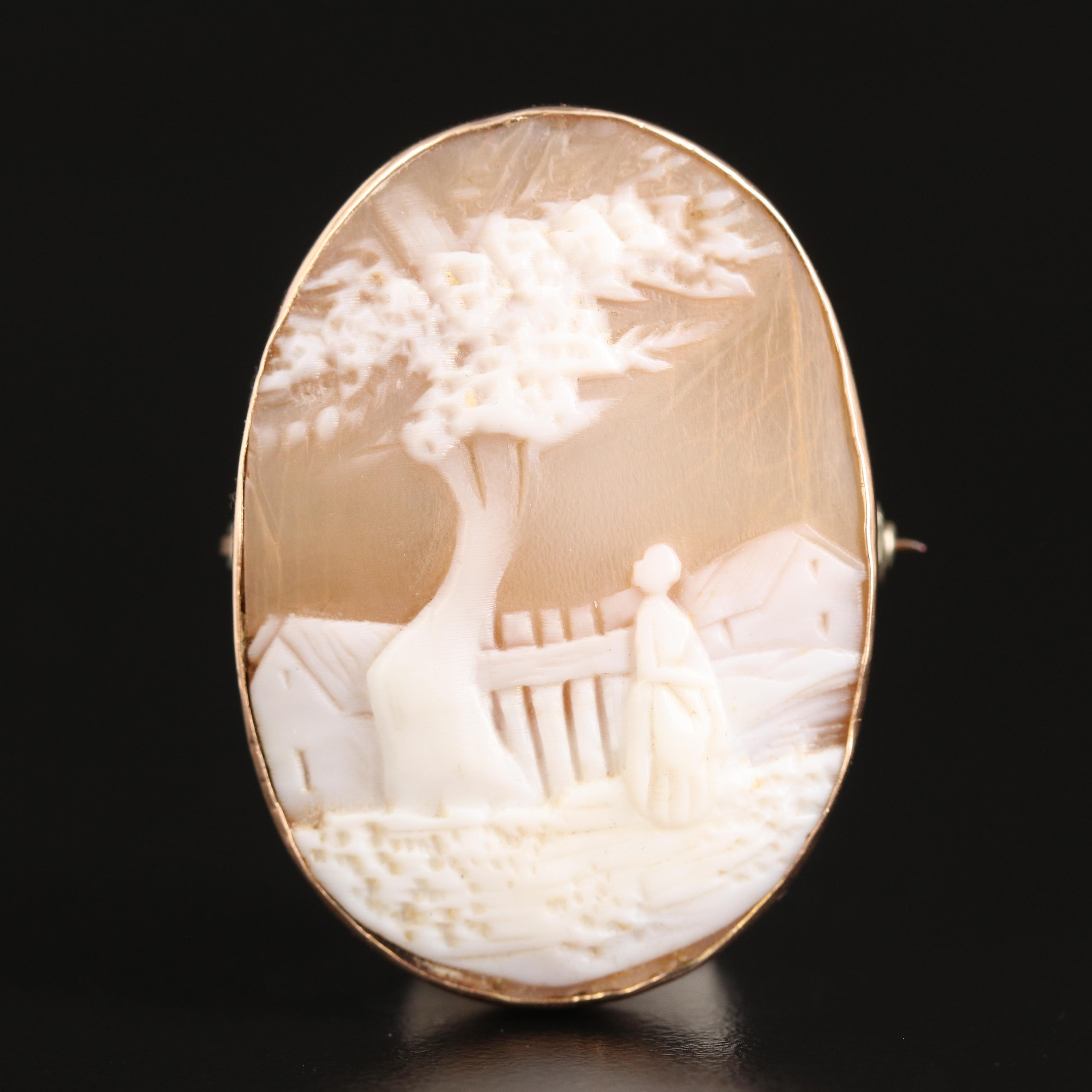 Antique Shell Scenic Cameo Brooch