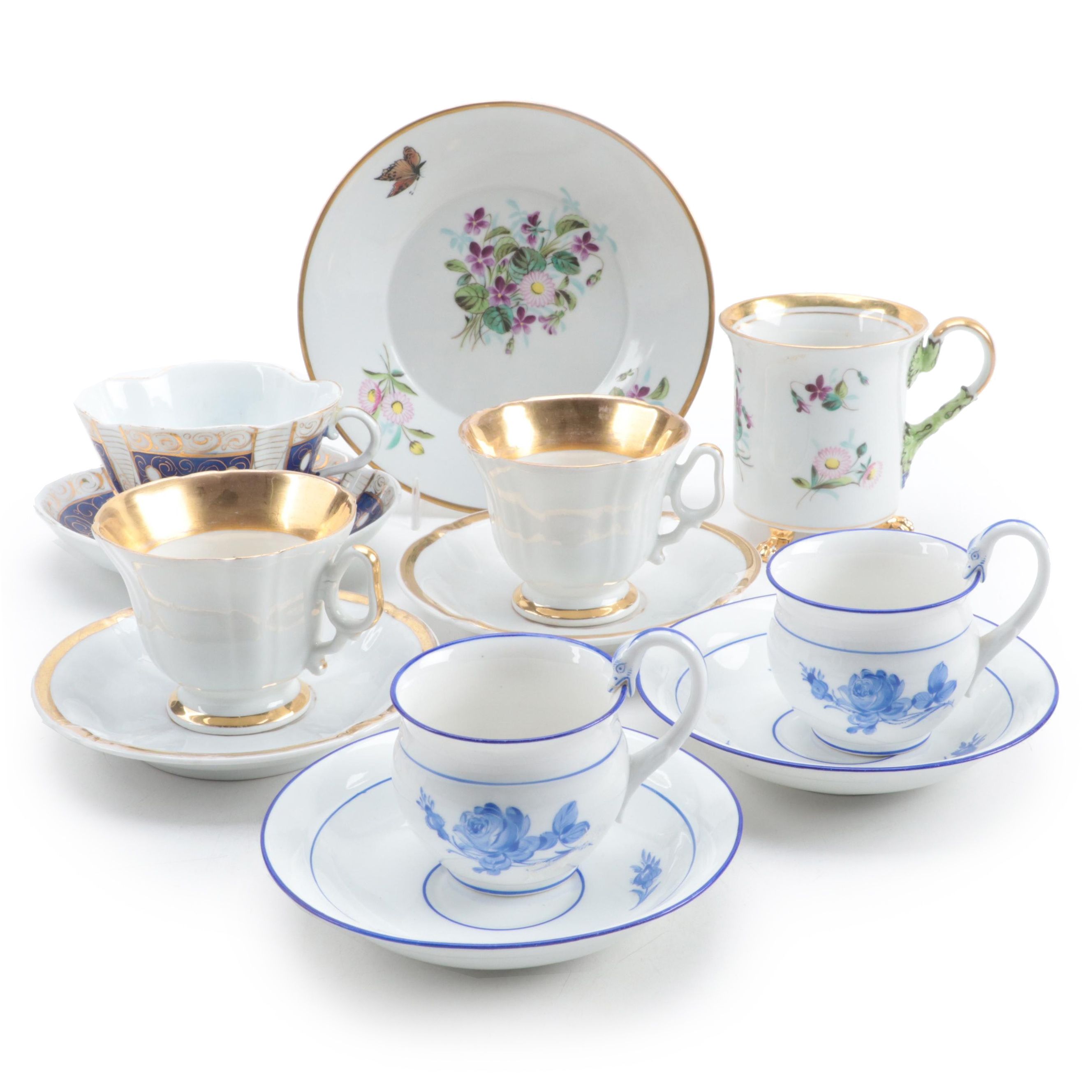 KPM Porcelain Footed Cup and Saucer with Other European Porcelain Teacups