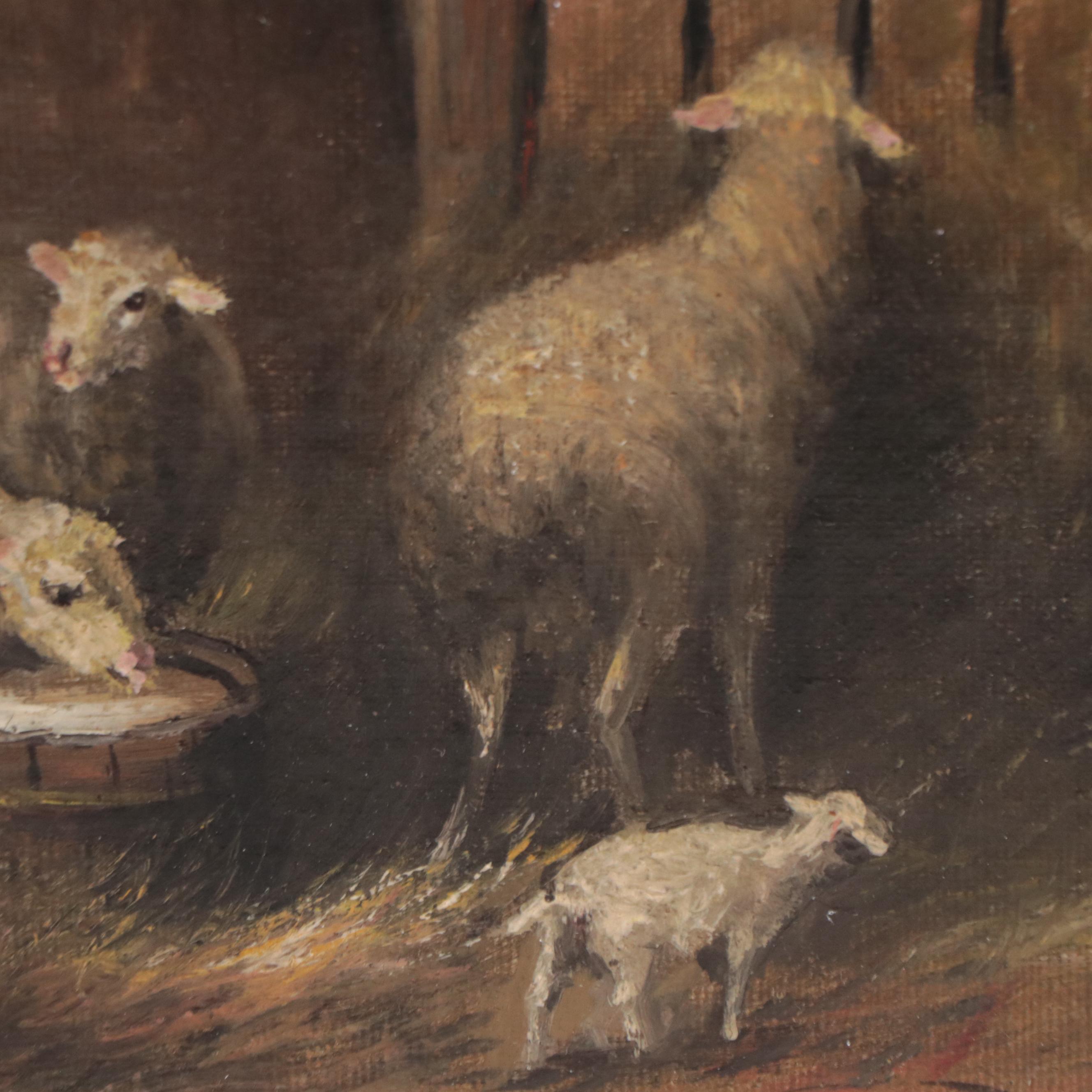 Oil Painting of Sheep In Barn