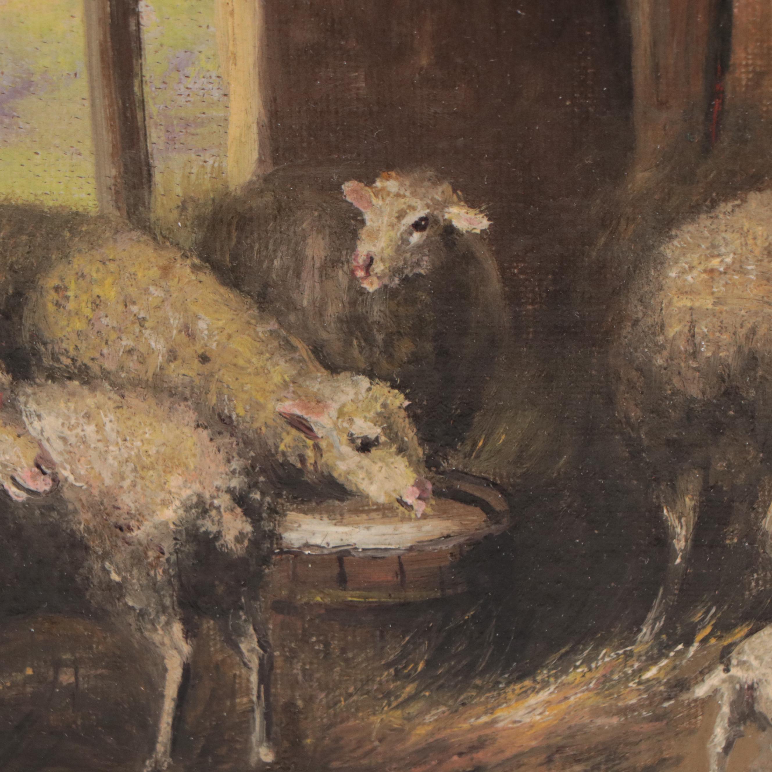 Oil Painting of Sheep In Barn