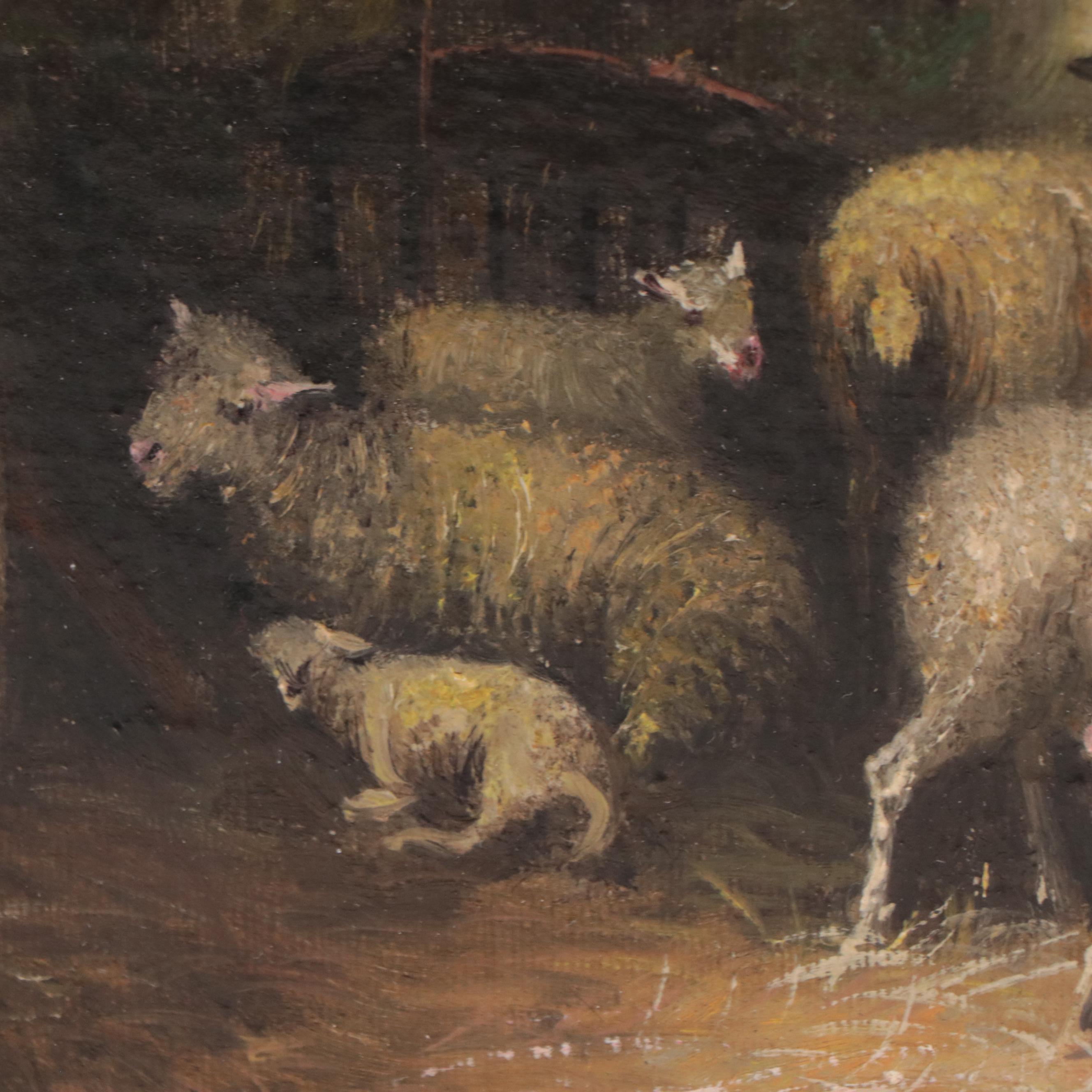 Oil Painting of Sheep In Barn