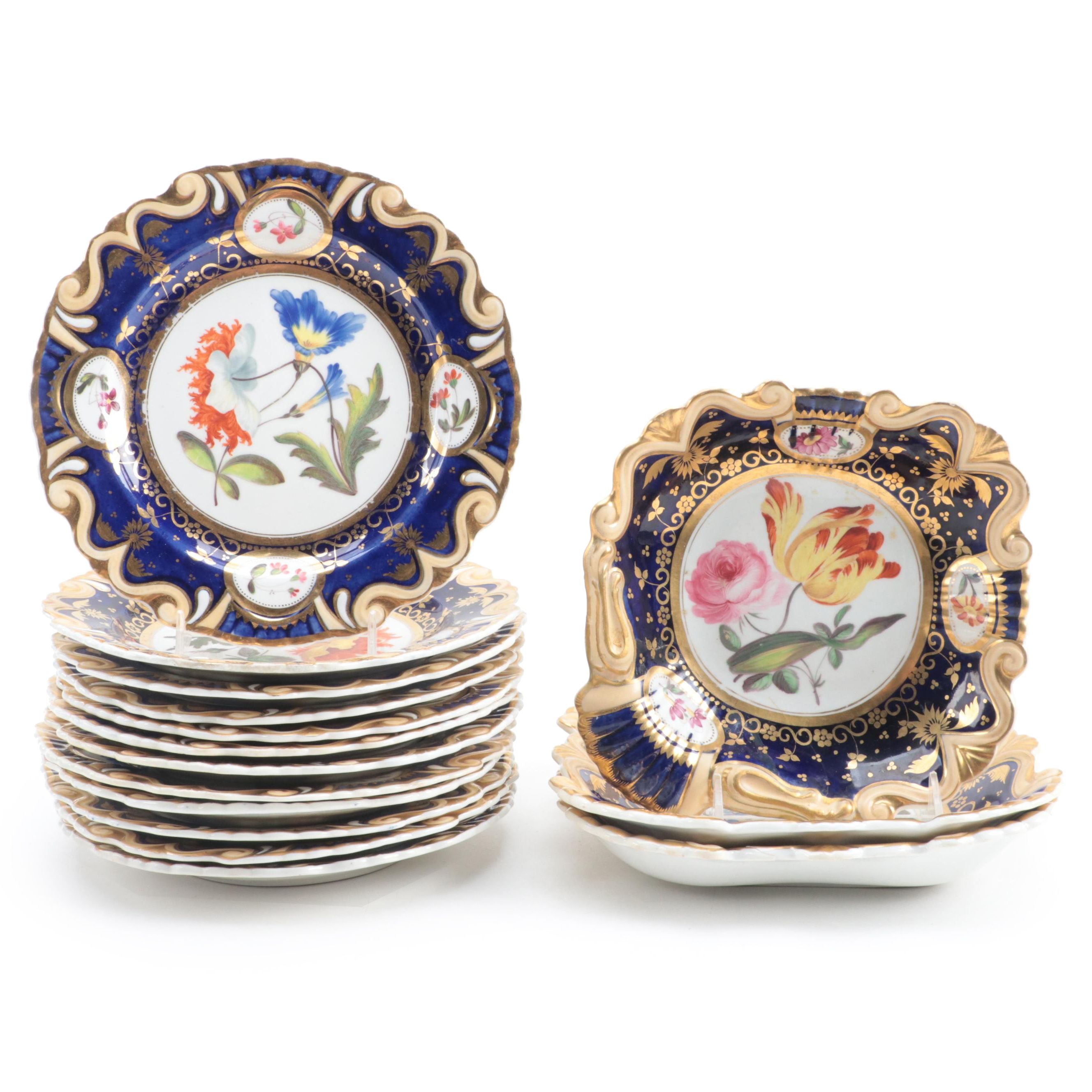 English Porcelain Hand-Painted Botanical Fruit Service