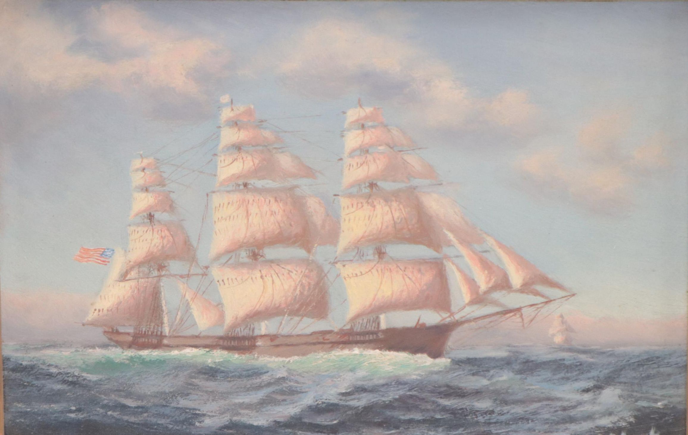 Oil Painting of Sailing Ship On Ocean, Early 20th Century