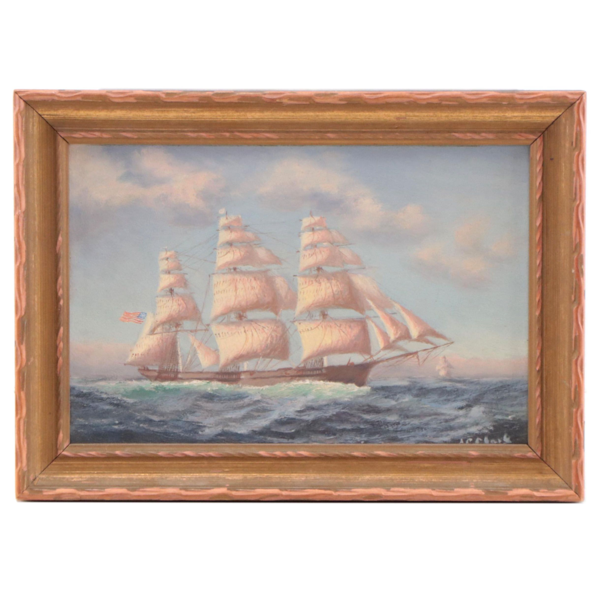 Oil Painting of Sailing Ship On Ocean, Early 20th Century