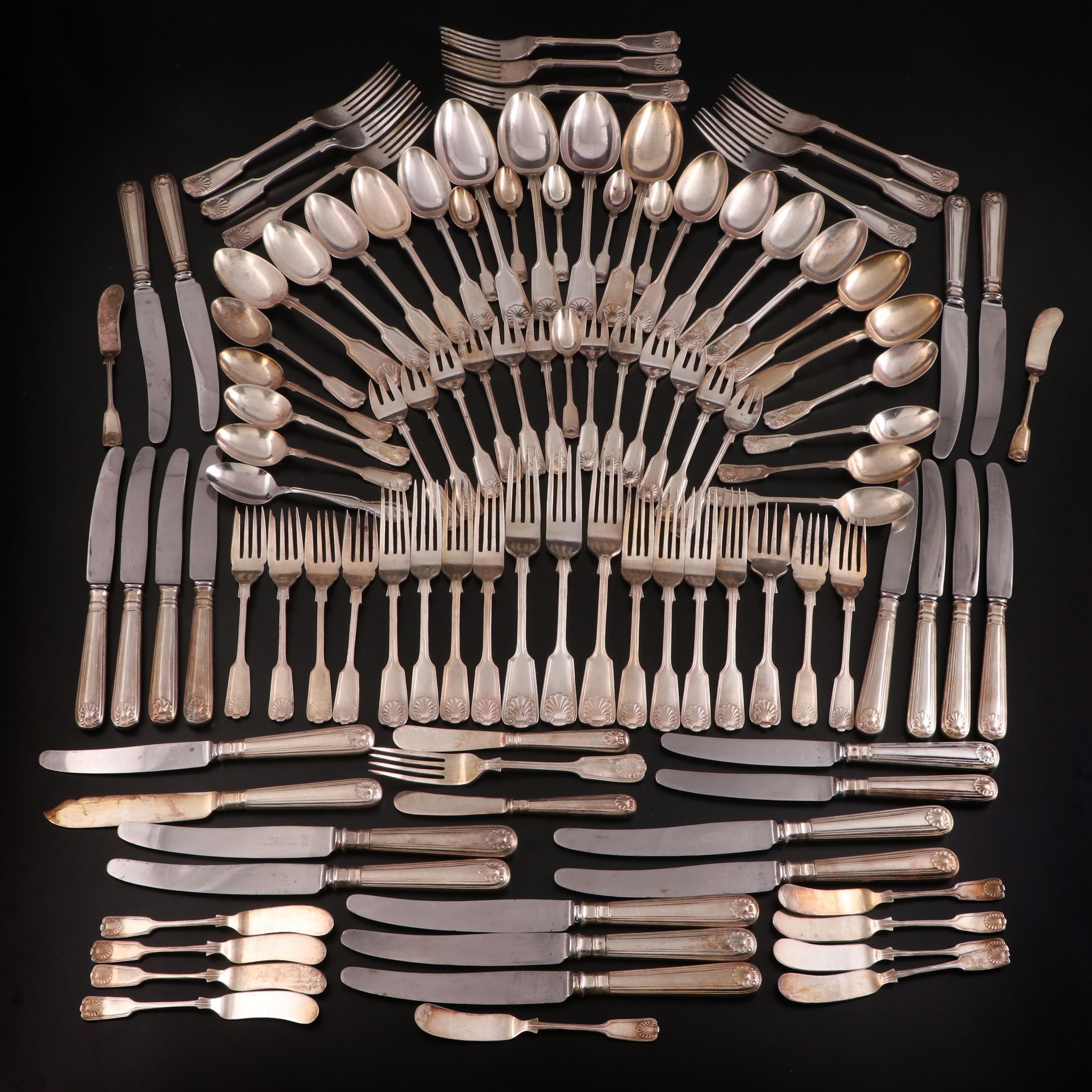 William Adams Silver Plate Fiddle Shell Handled Flatware, Early 20th Century