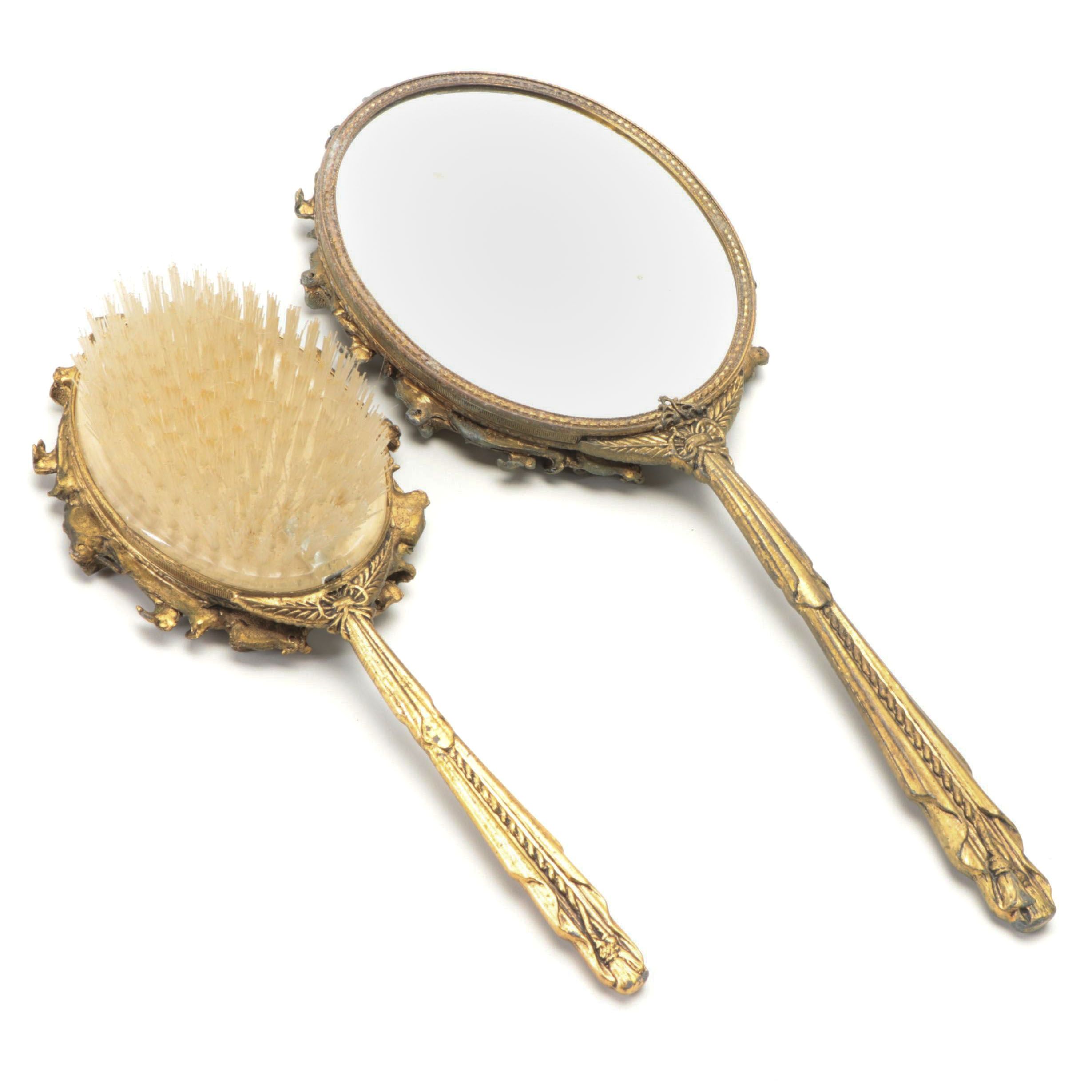 Globe Gilt Metal Beveled Glass Hand Mirror and Matching Brush