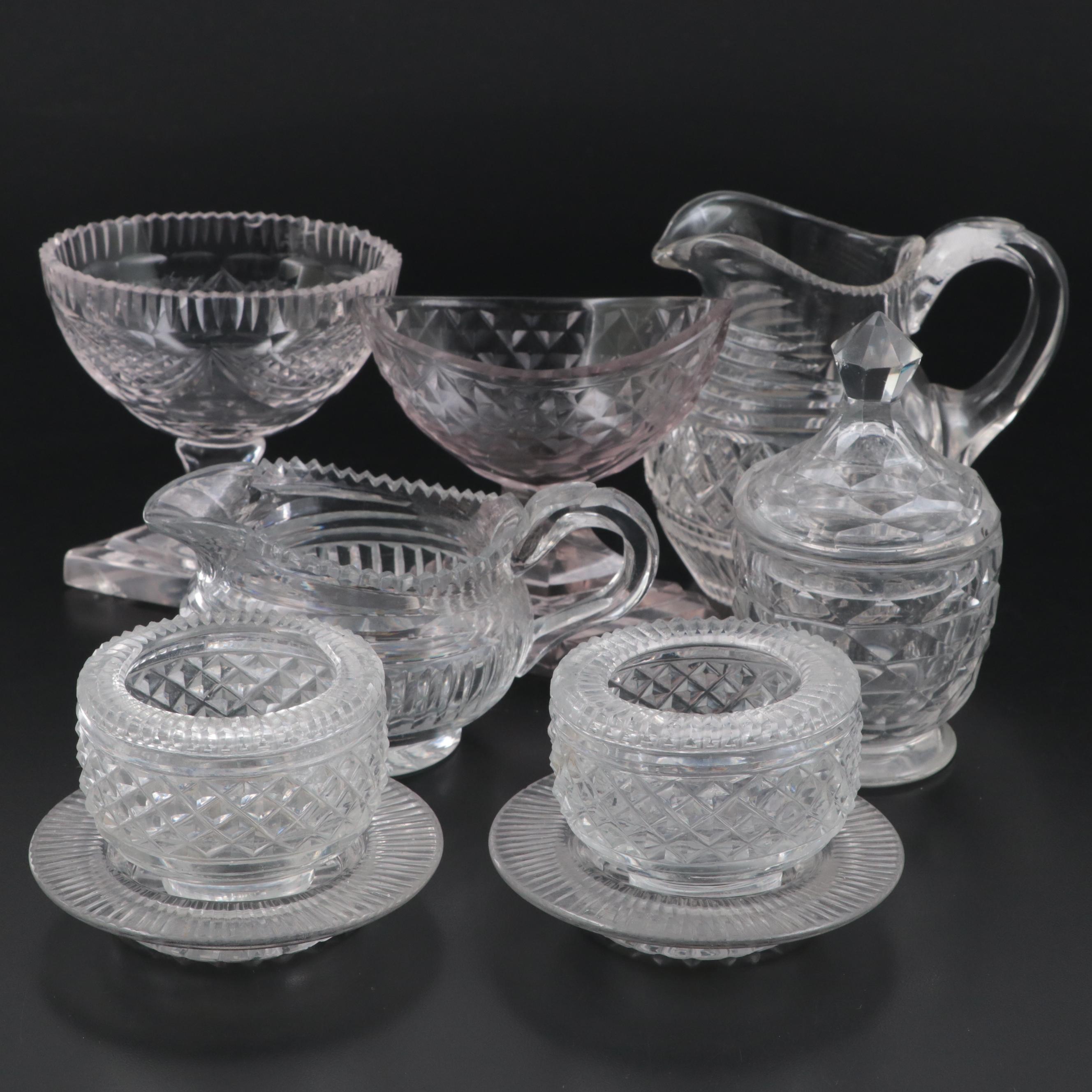 Anglo-Irish Navette Shaped Salt Dip with Other Salt Cellars and Glass Tableware