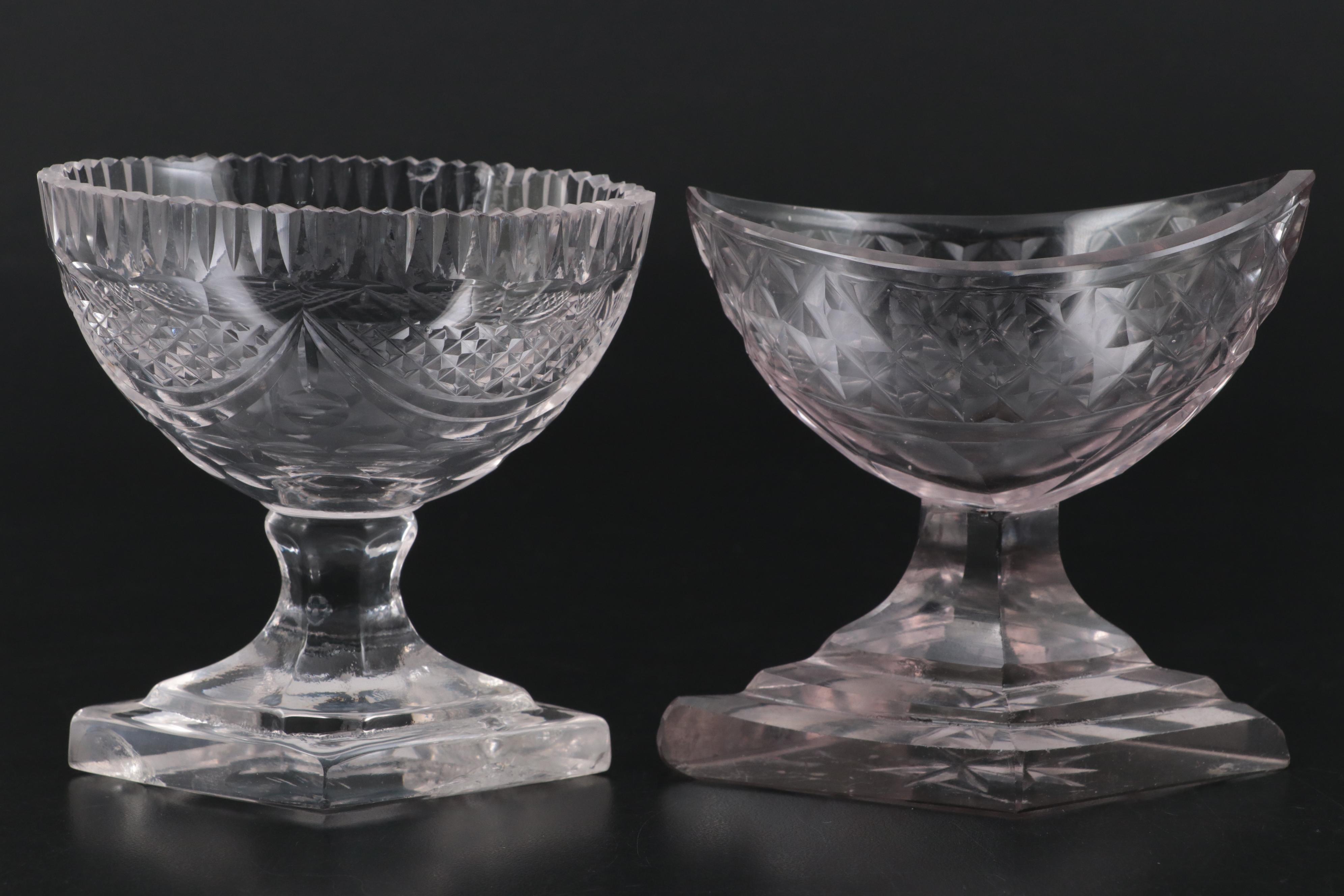Anglo-Irish Navette Shaped Salt Dip with Other Salt Cellars and Glass Tableware