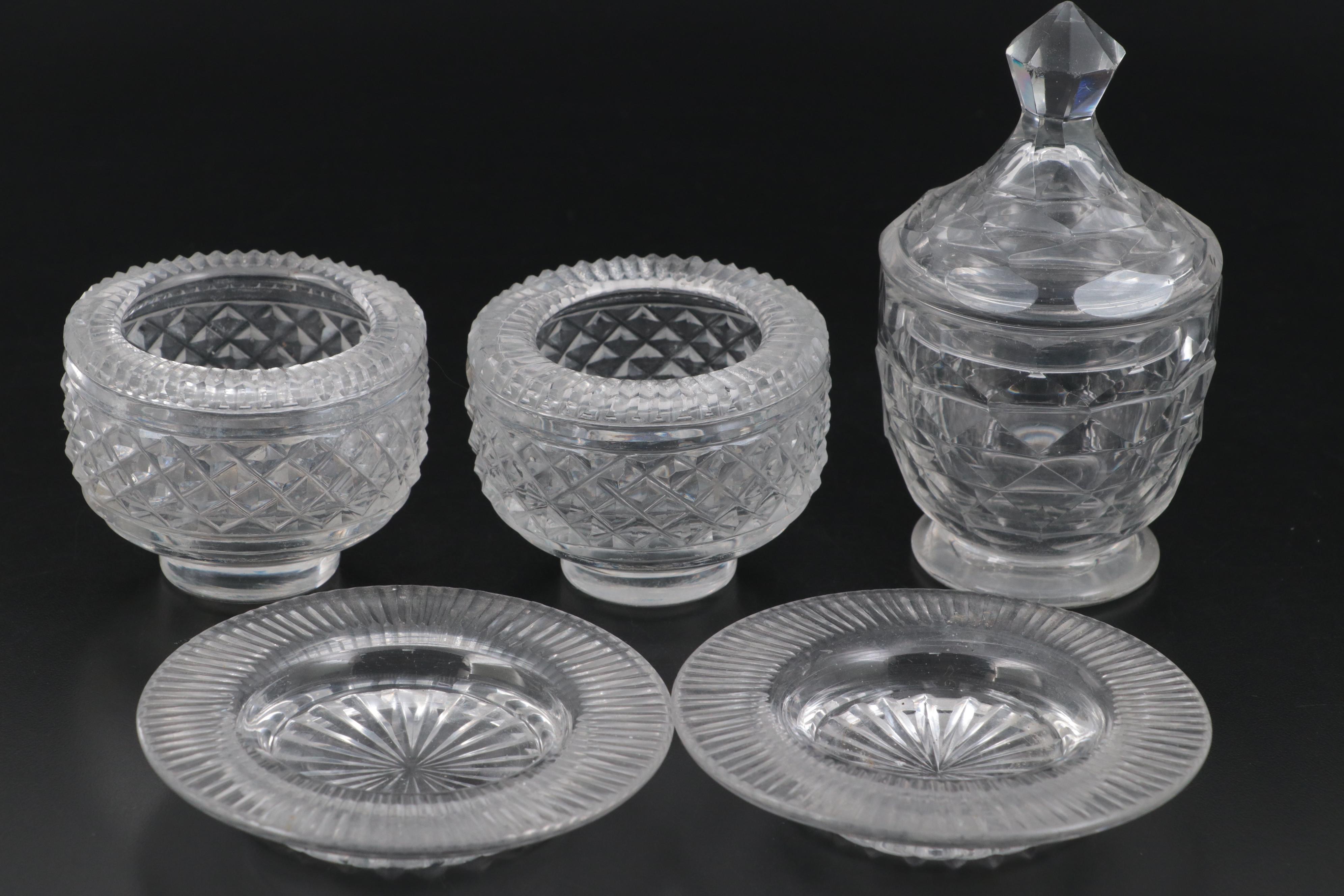 Anglo-Irish Navette Shaped Salt Dip with Other Salt Cellars and Glass Tableware