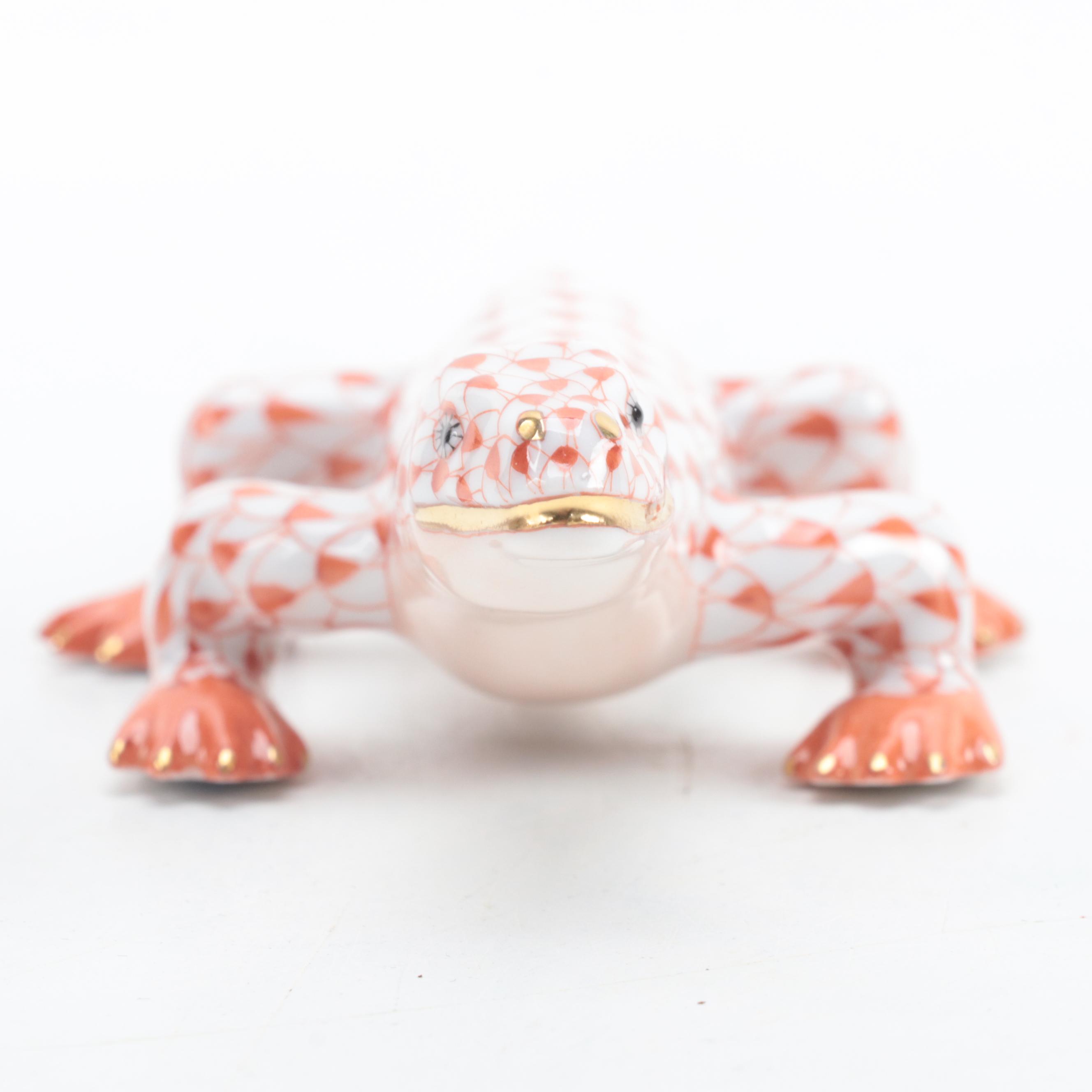 Herend Rust Fishnet with Gold "Komodo Dragon" Porcelain Figurine