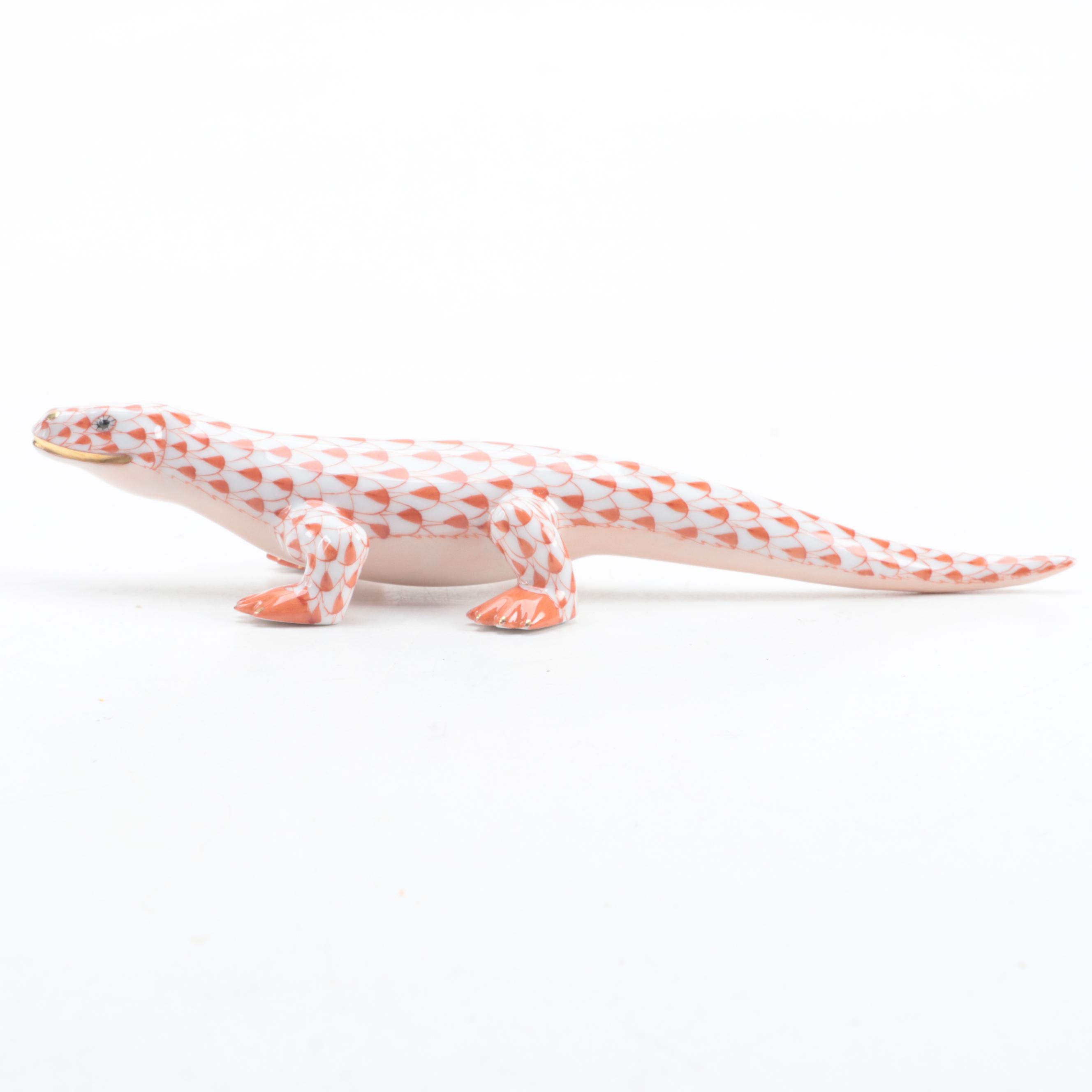 Herend Rust Fishnet with Gold "Komodo Dragon" Porcelain Figurine
