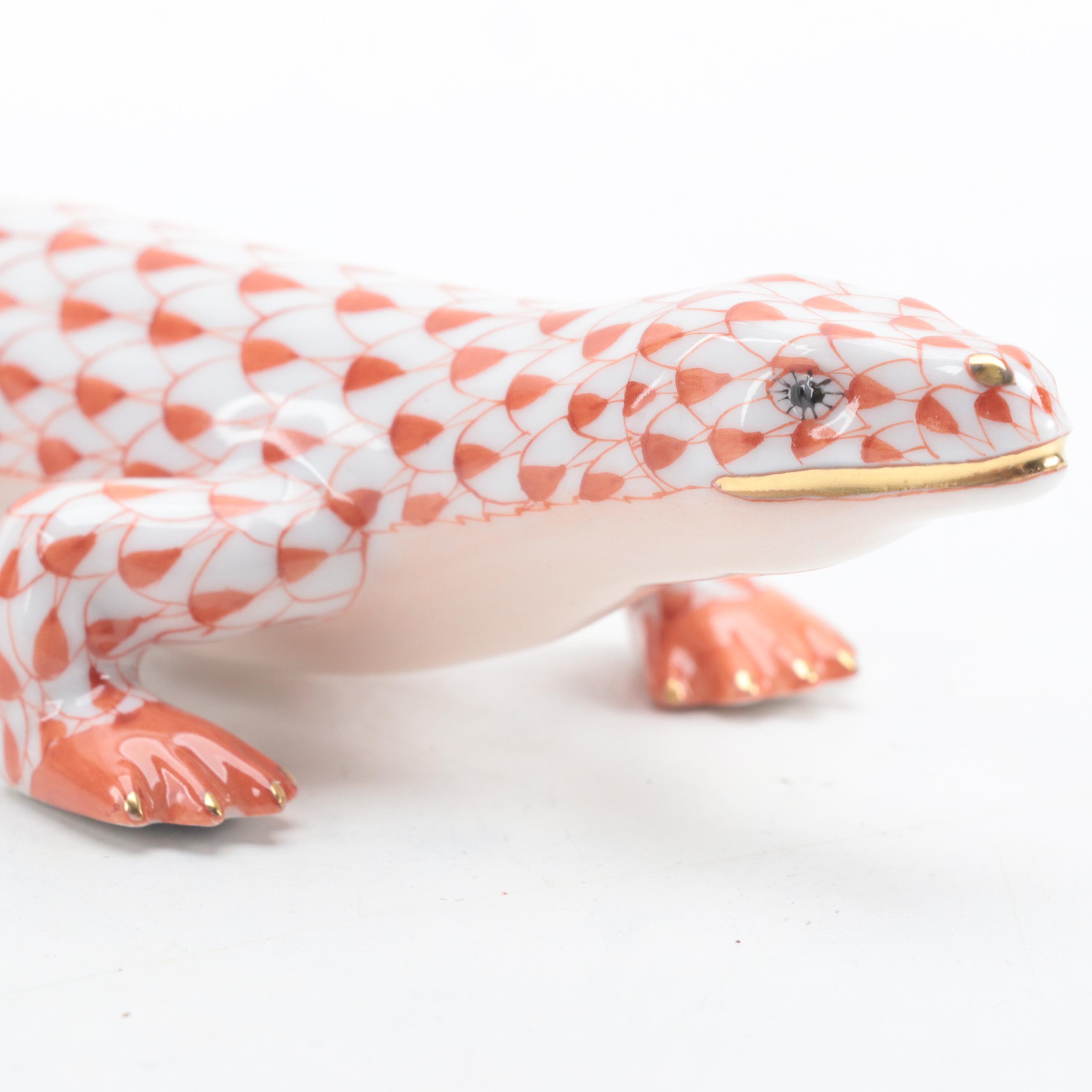 Herend Rust Fishnet with Gold "Komodo Dragon" Porcelain Figurine