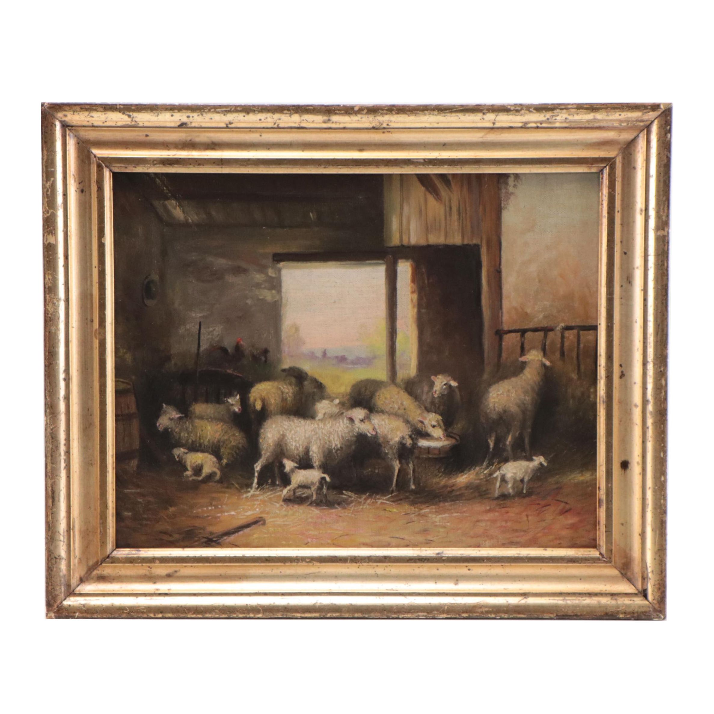 Oil Painting of Sheep In Barn