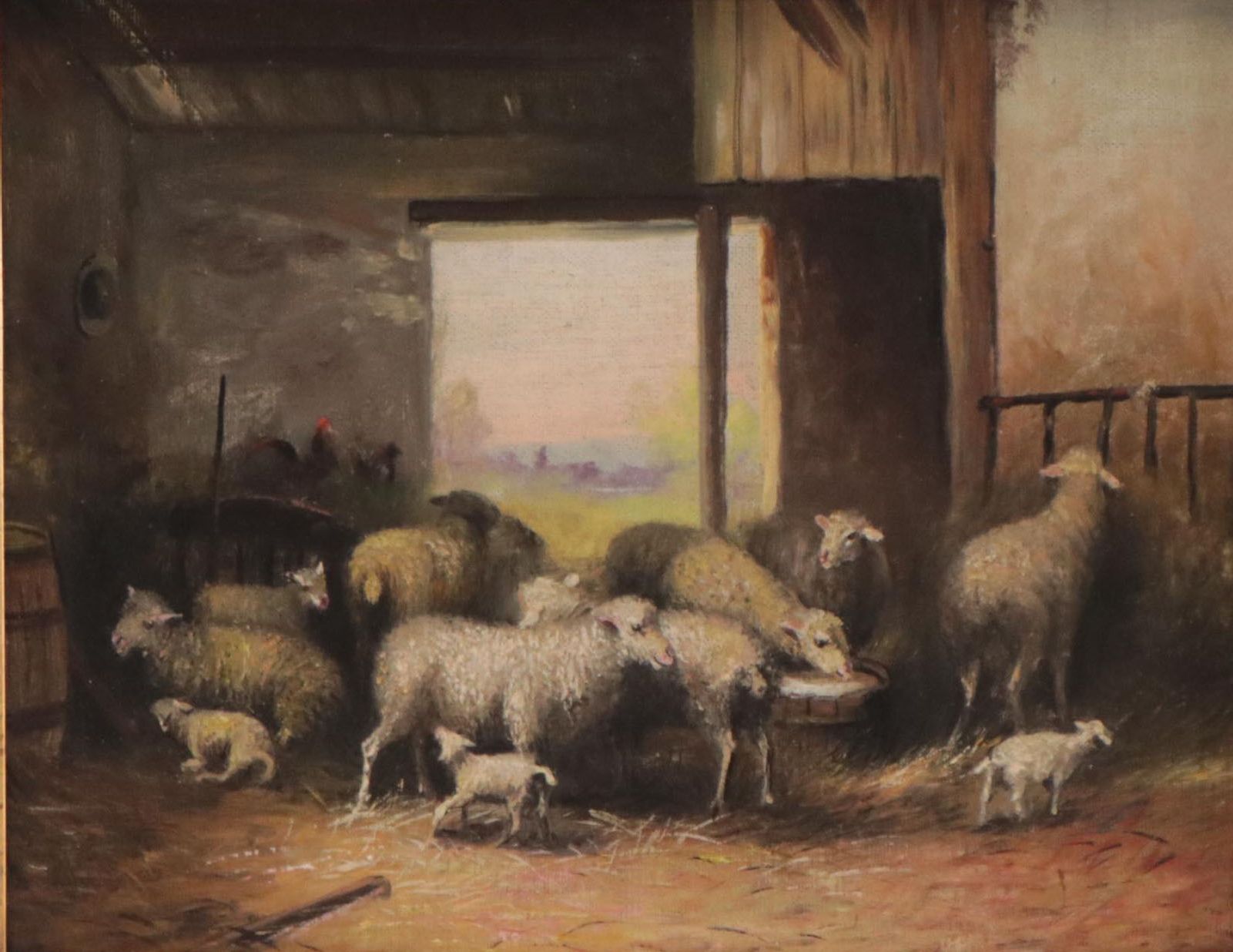 Oil Painting of Sheep In Barn
