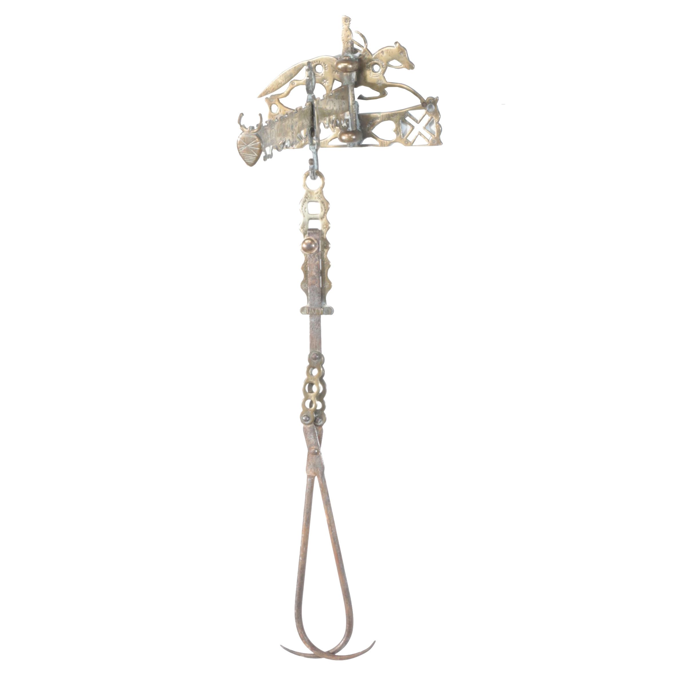 American Chased Brass Hearth Crane in the Form of a Running Horse, circa 1840