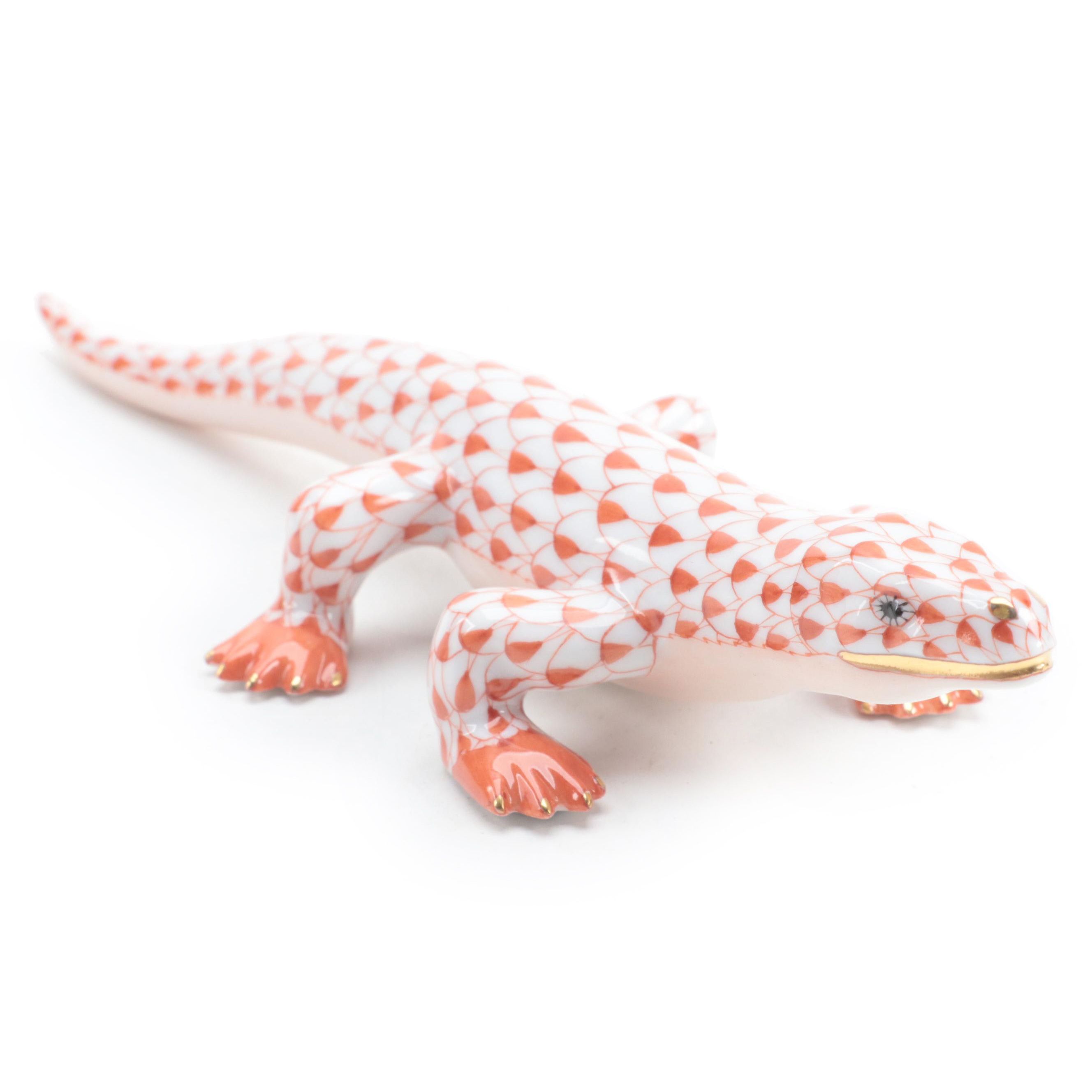 Herend Rust Fishnet with Gold "Komodo Dragon" Porcelain Figurine