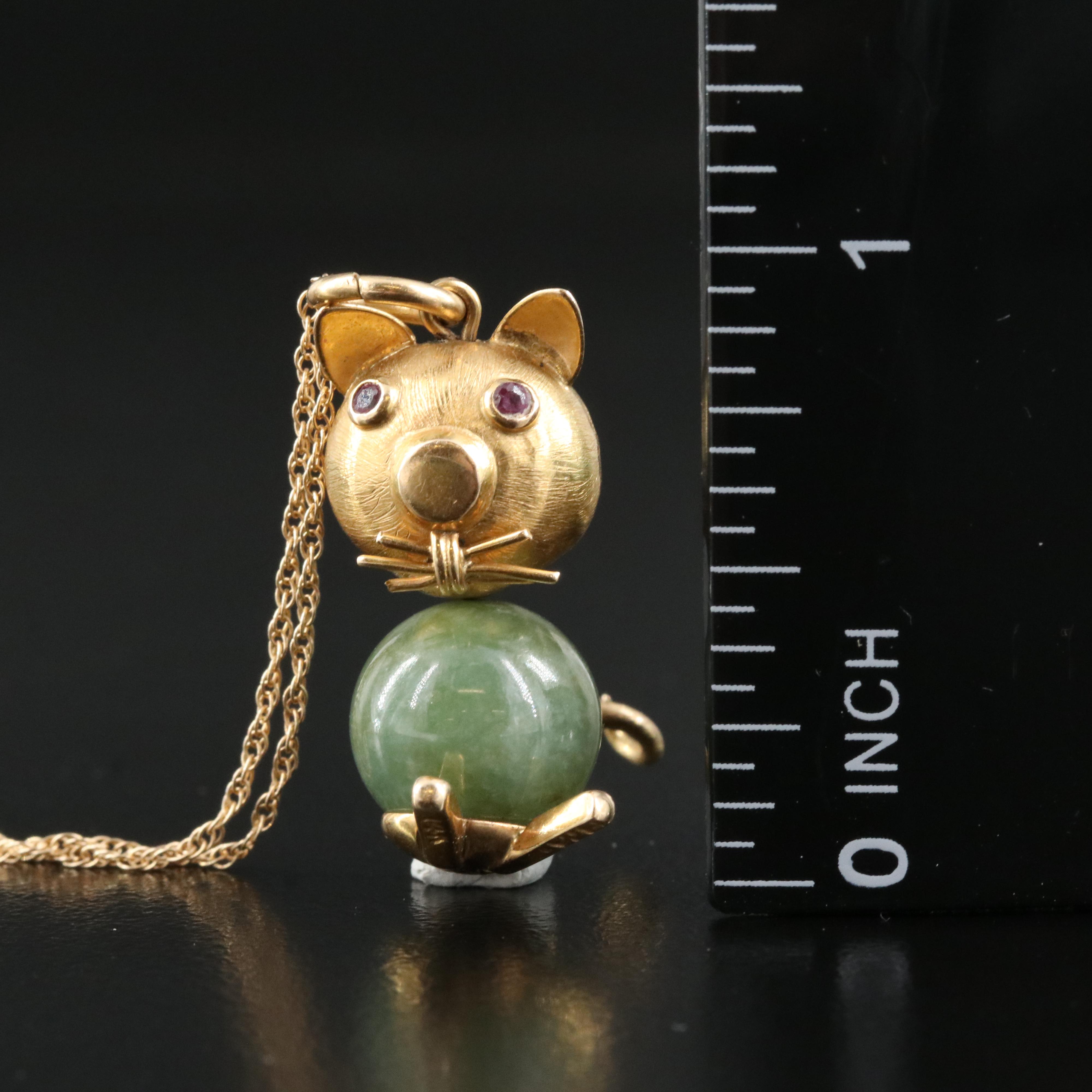 Vintage 14K Jadeite and Ruby Mouse Pendant Necklace