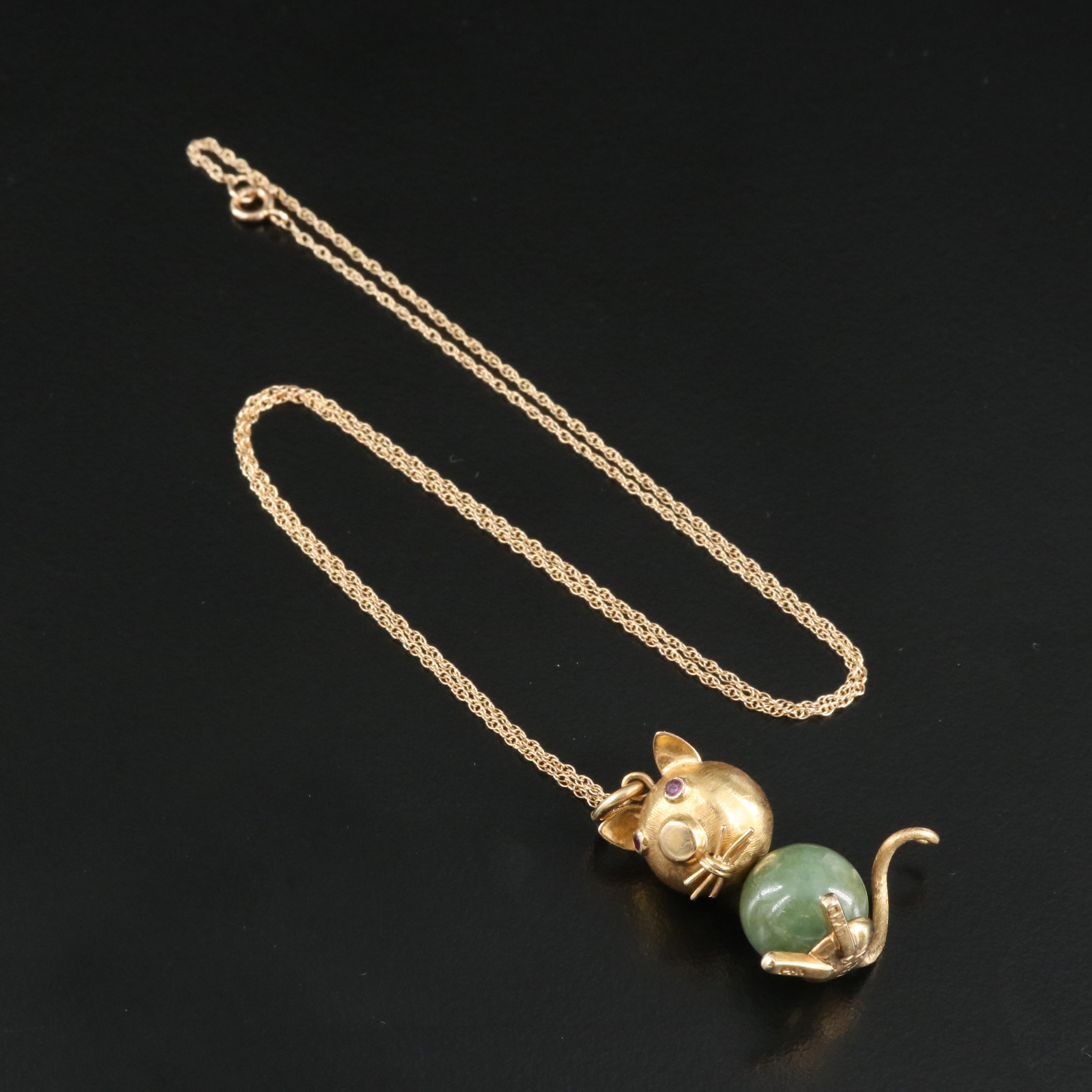 Vintage 14K Jadeite and Ruby Mouse Pendant Necklace