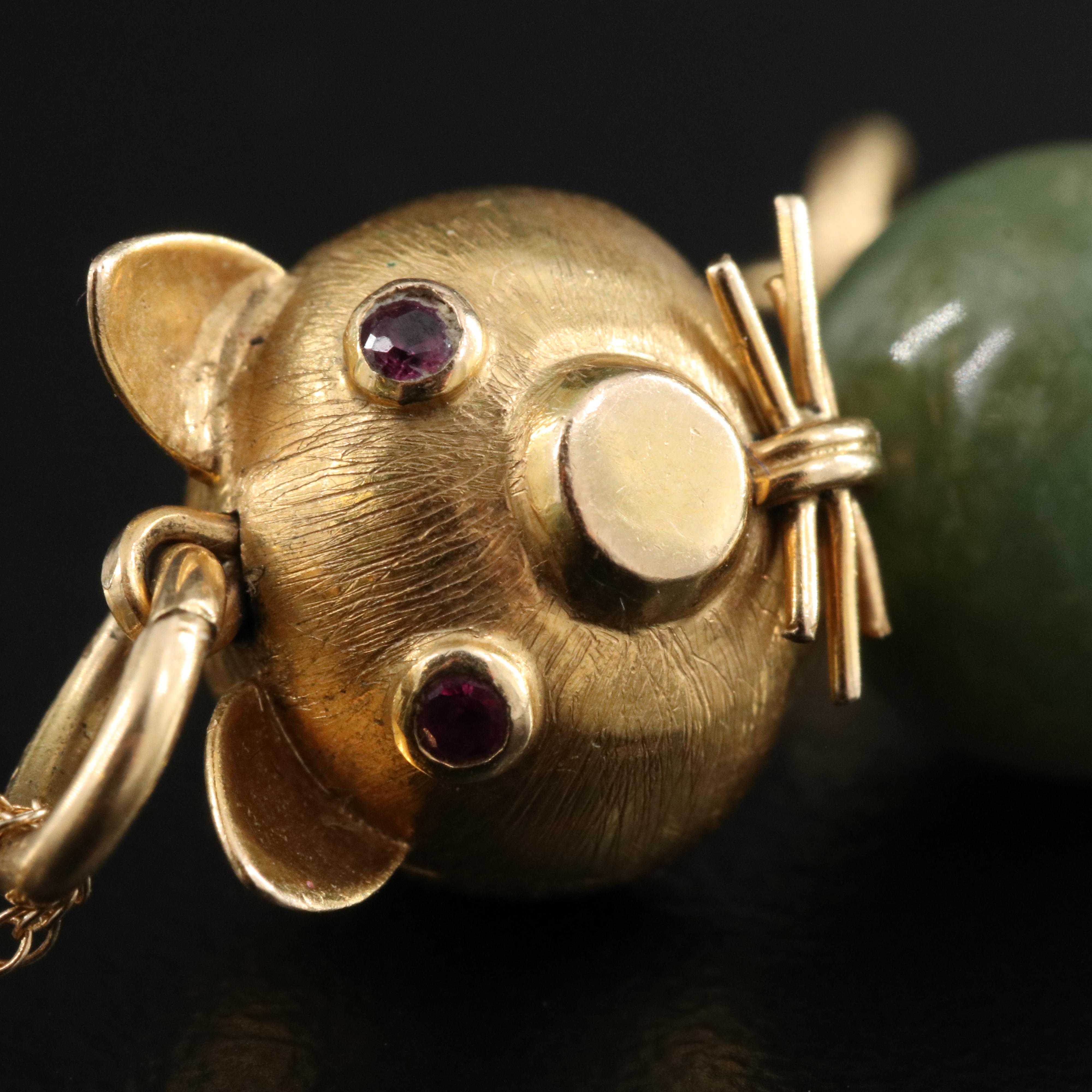 Vintage 14K Jadeite and Ruby Mouse Pendant Necklace