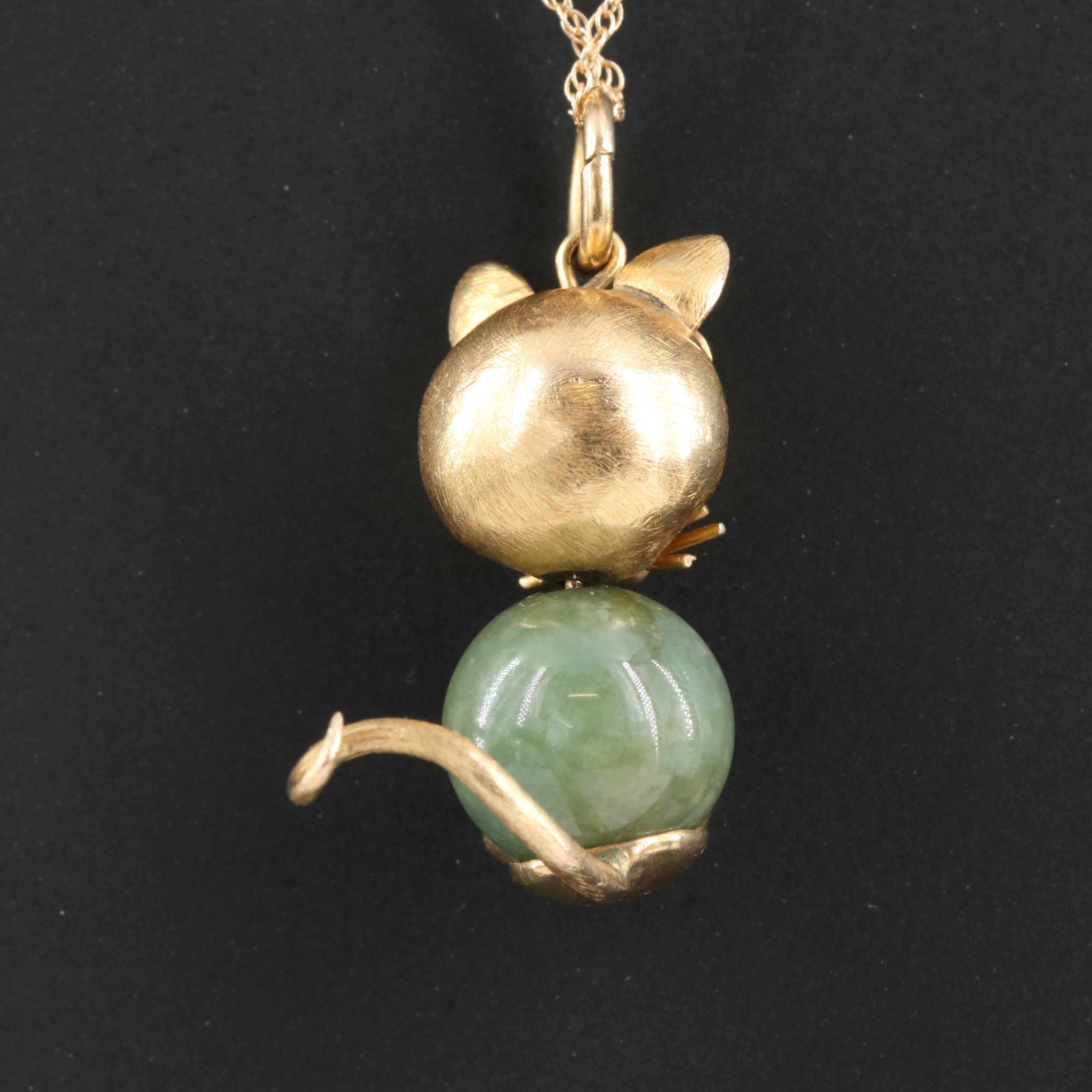 Vintage 14K Jadeite and Ruby Mouse Pendant Necklace