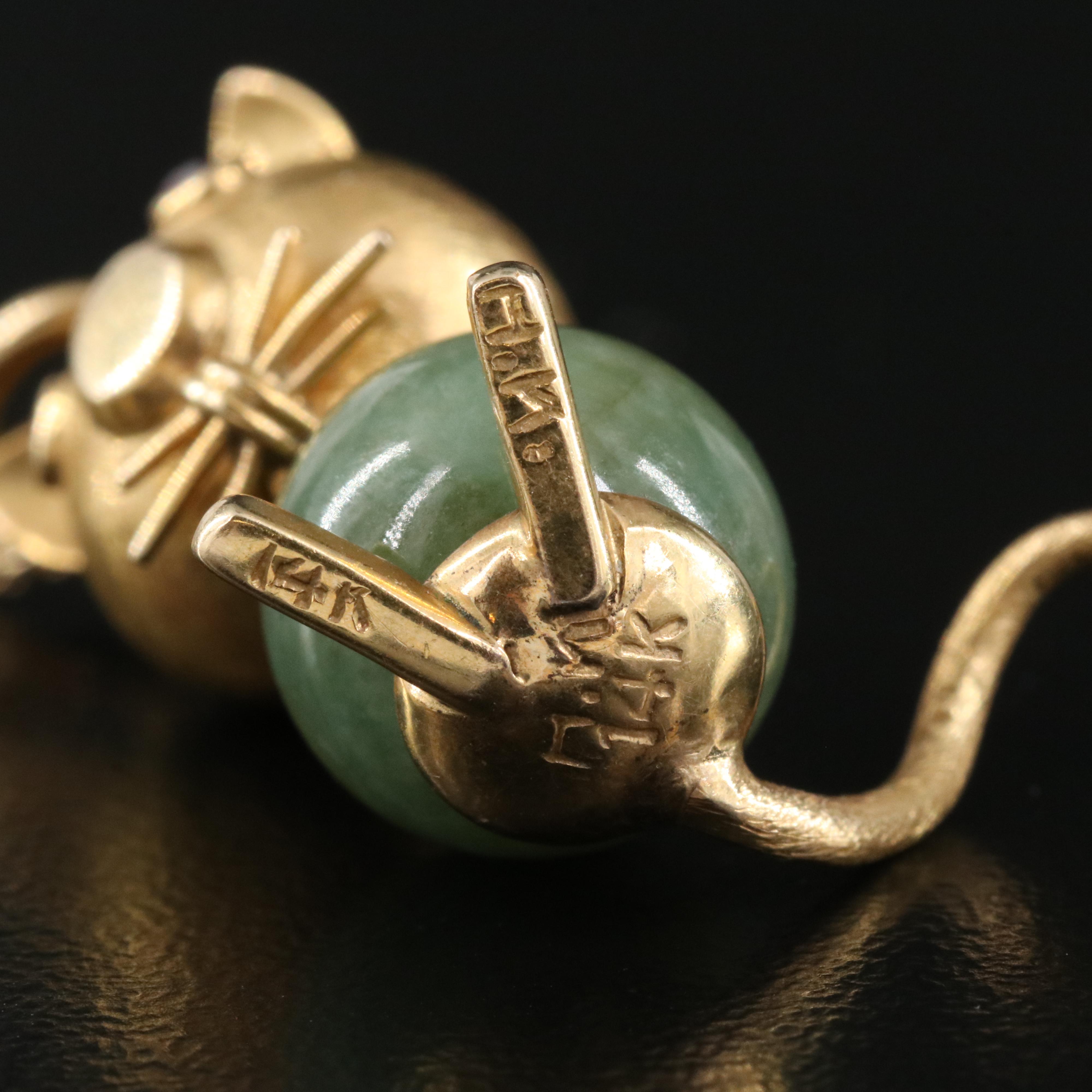 Vintage 14K Jadeite and Ruby Mouse Pendant Necklace