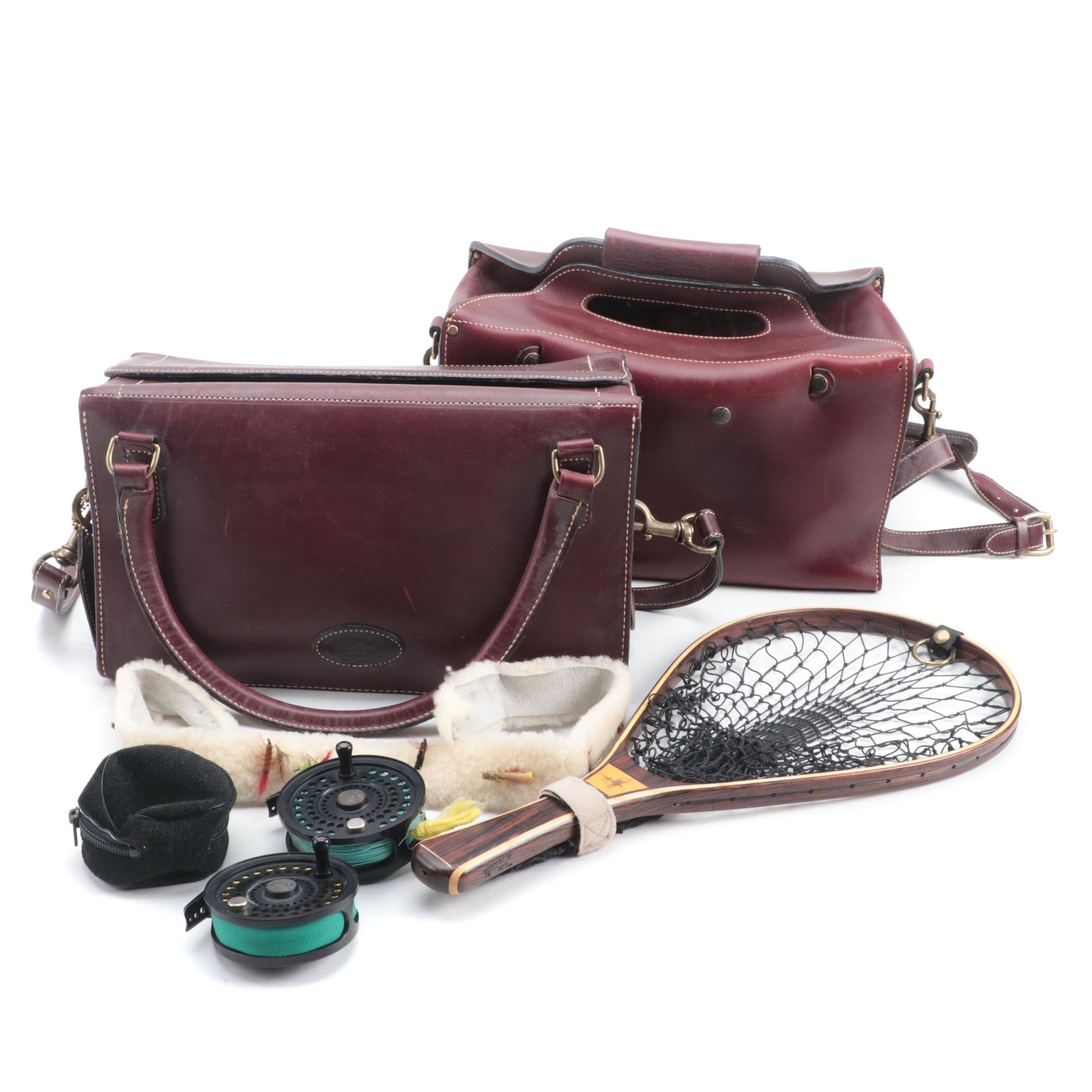 Holland Sport Oxblood Leather Range Bags with Brodin Landing Net and Orvis Reels