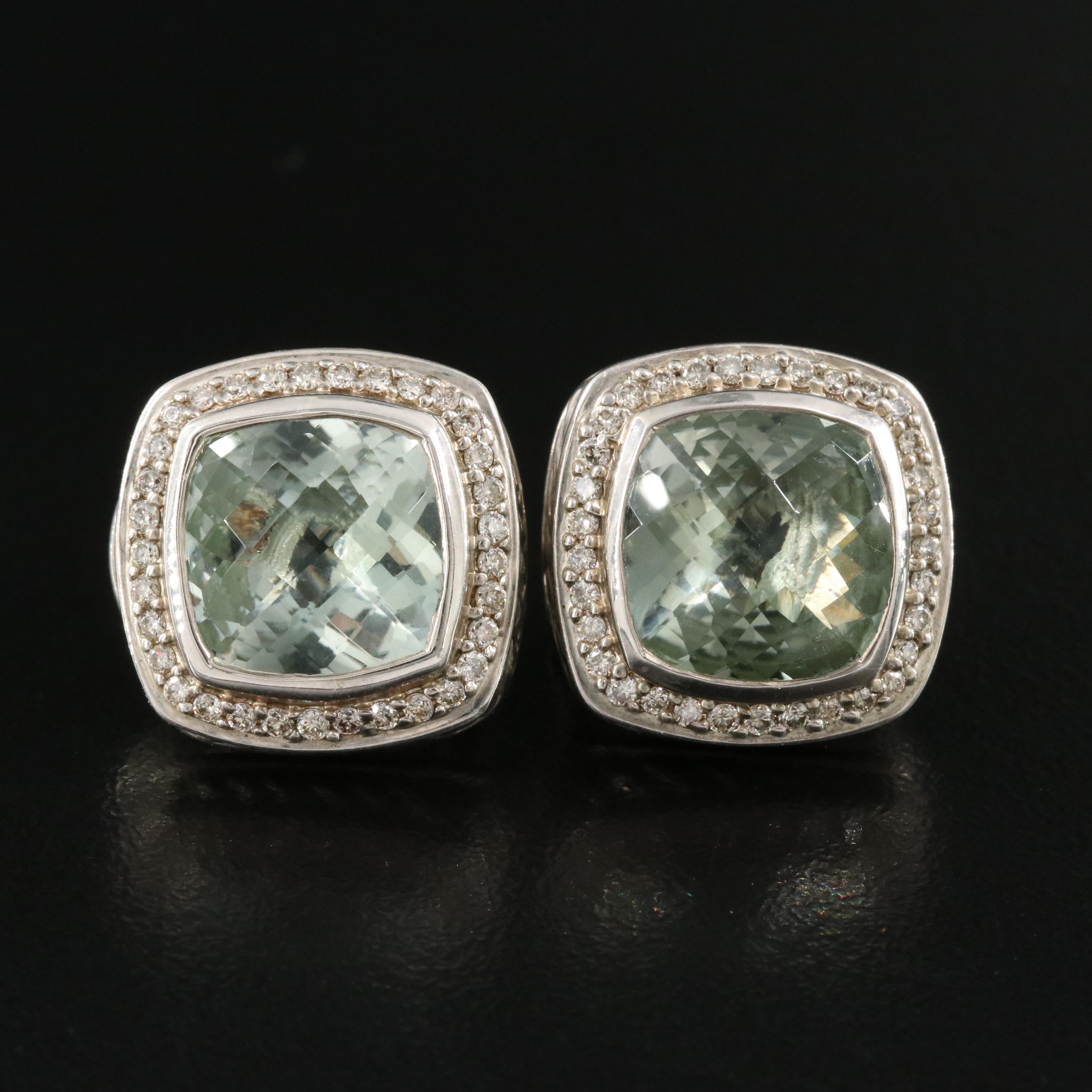 David Yurman "Albion" Sterling Silver Prasiolite and Diamond Earrings
