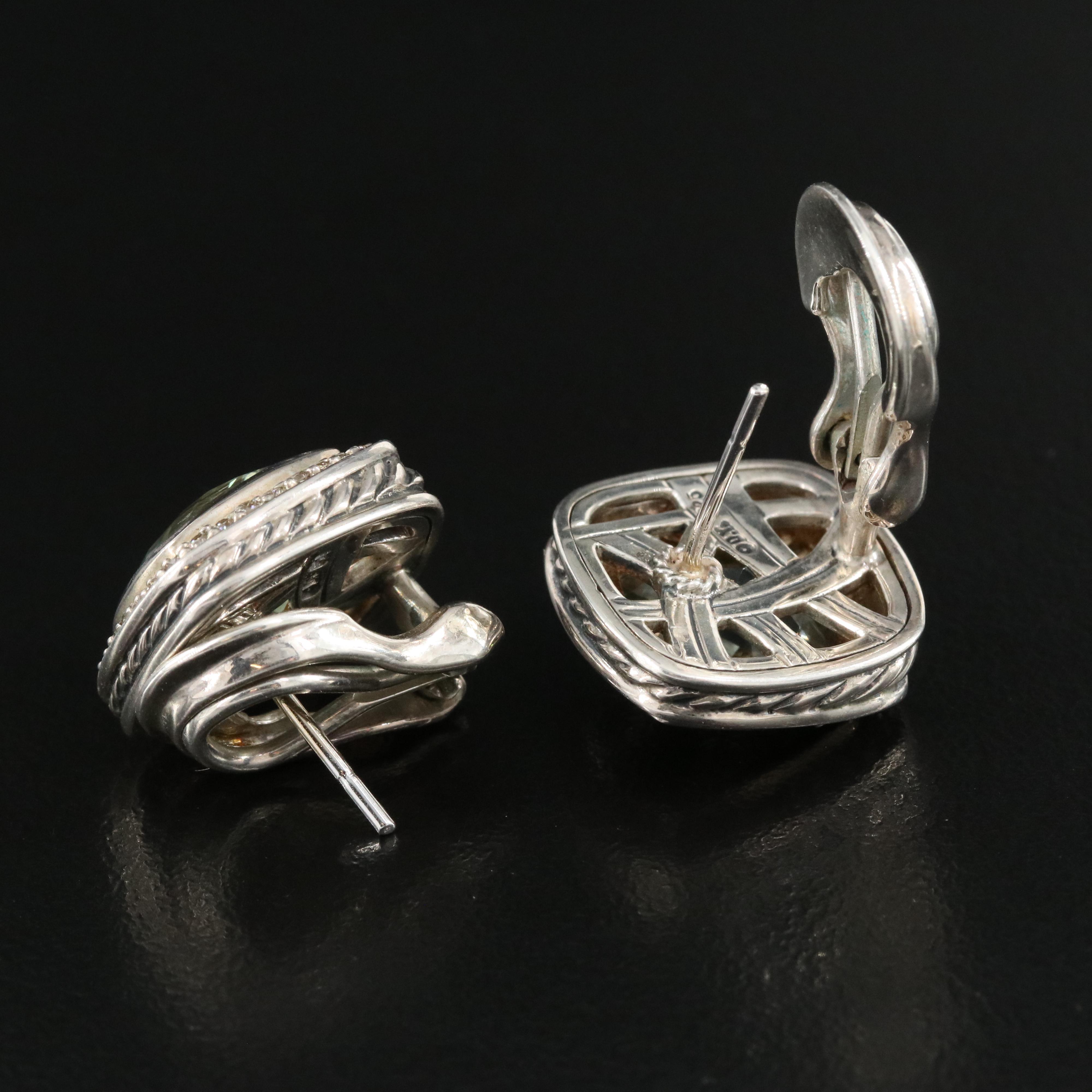 David Yurman "Albion" Sterling Silver Prasiolite and Diamond Earrings