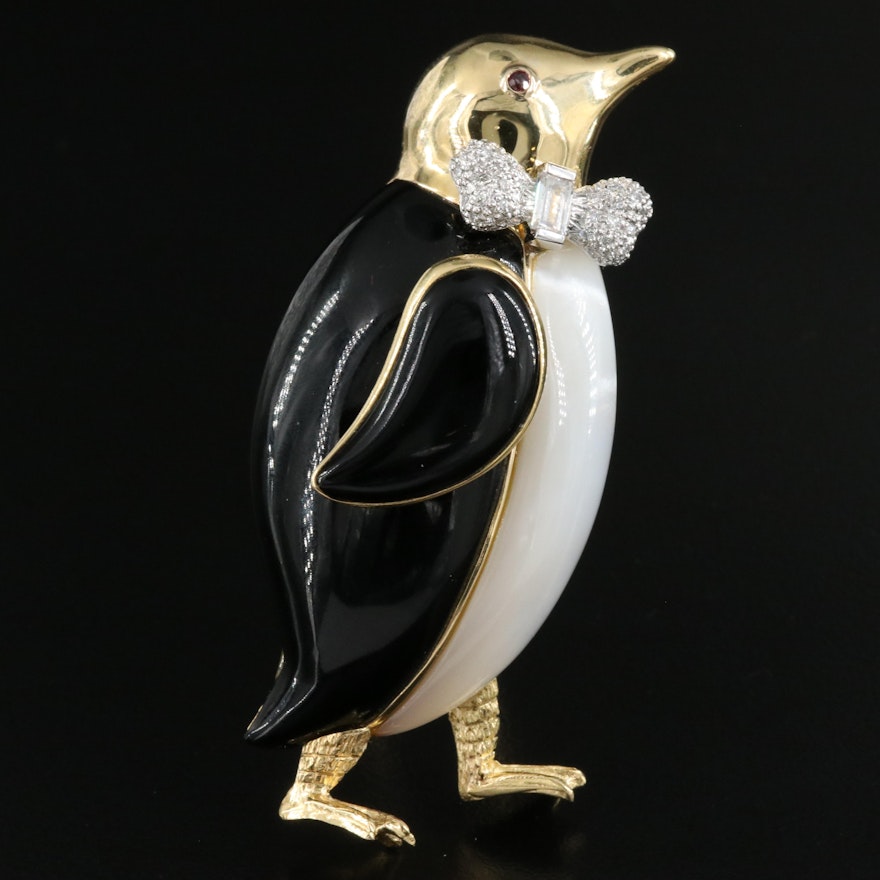 18K Diamond, Ruby, Mother-of-Pearl and Glass Inlay Penguin Double Clip Brooch