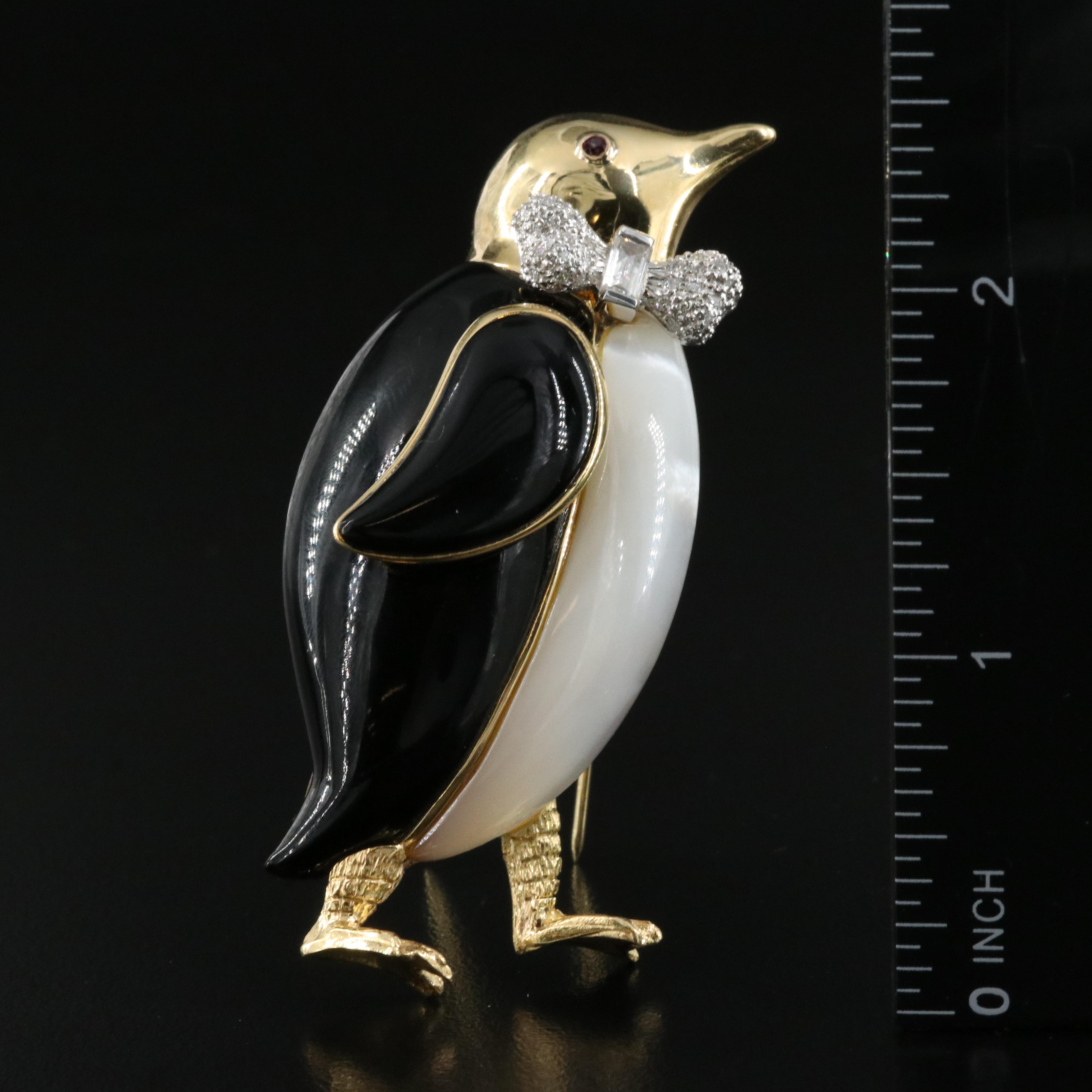 18K Diamond, Ruby, Mother-of-Pearl and Glass Inlay Penguin Double Clip Brooch