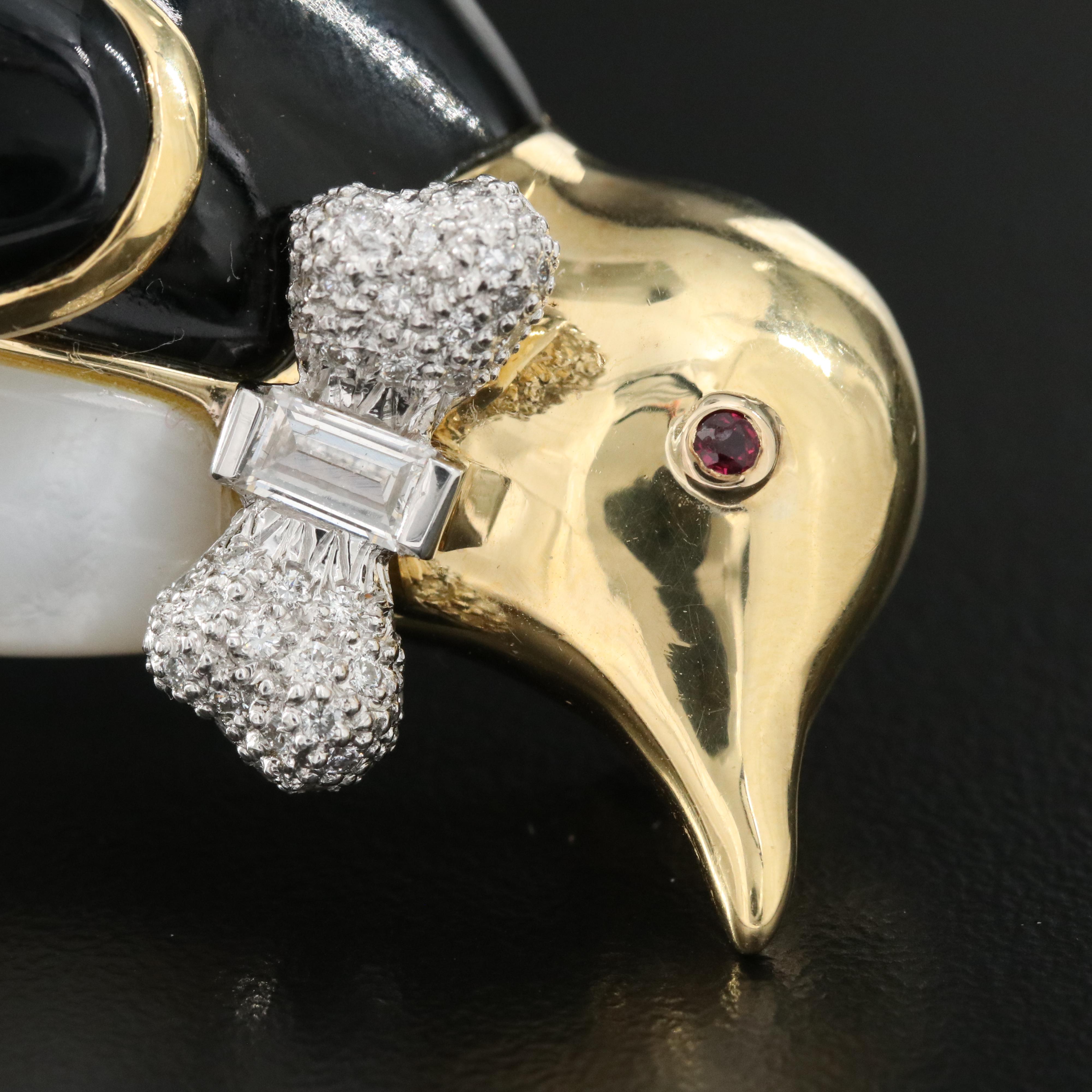 18K Diamond, Ruby, Mother-of-Pearl and Glass Inlay Penguin Double Clip Brooch