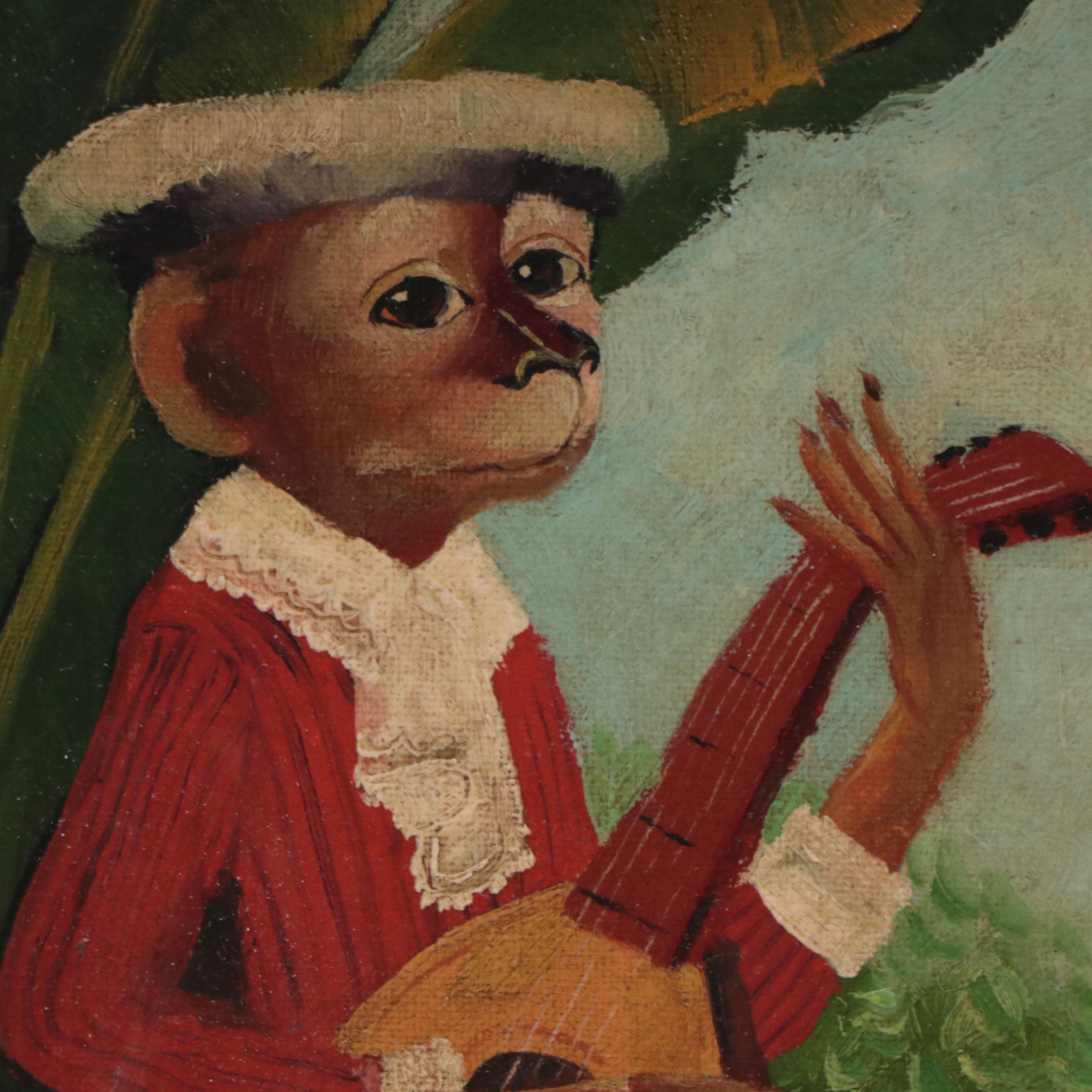 Oil Painting of an Anthropomorphic Monkey Playing Mandolin