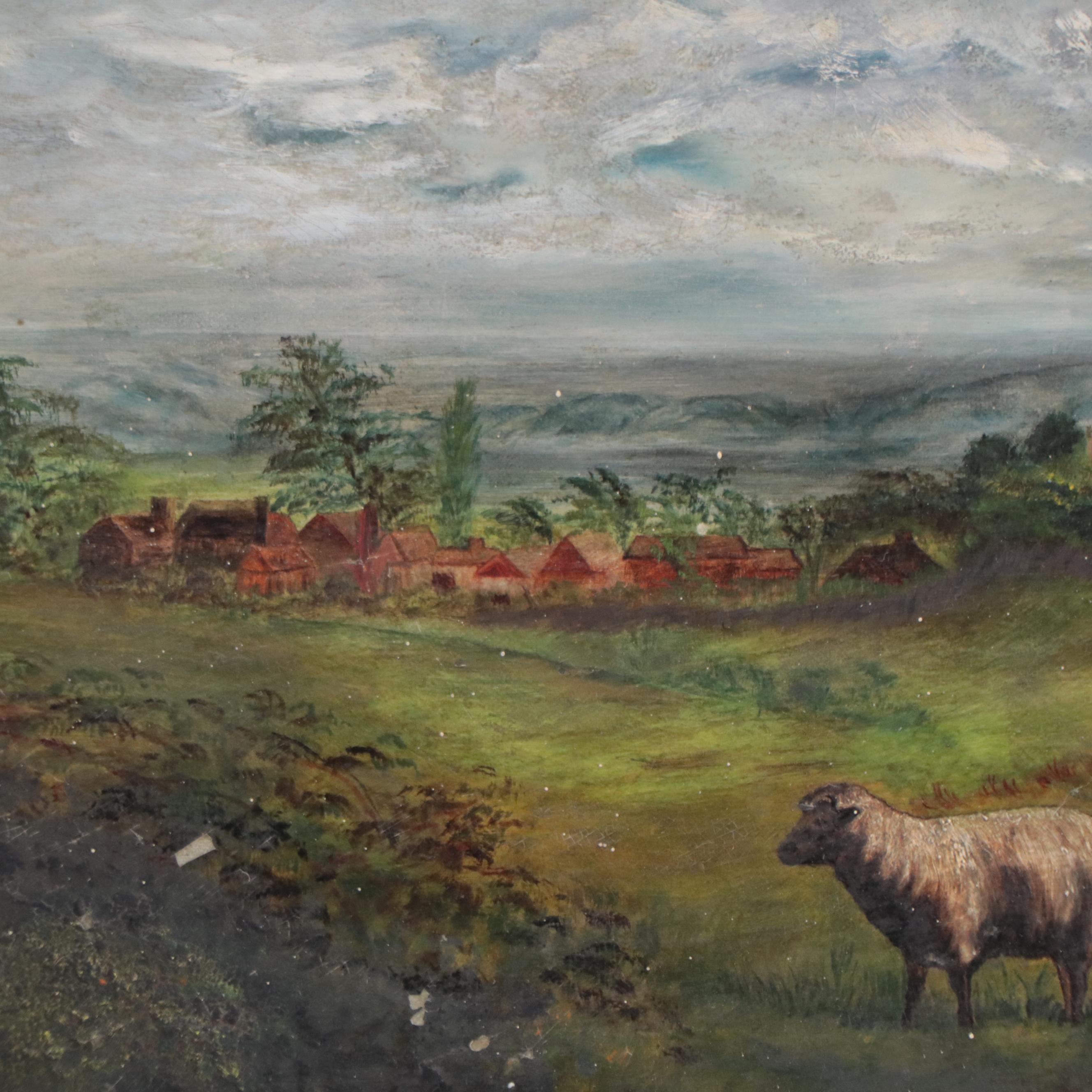 Pastoral Landscape Oil Painting of Shepherd Herding Sheep, Circa 1890