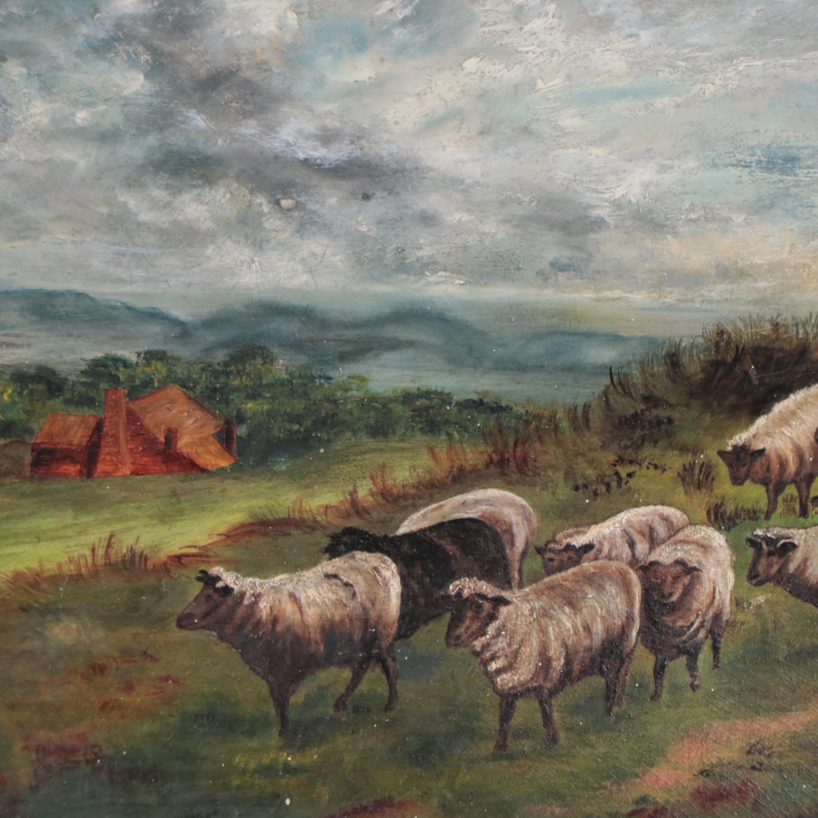 Pastoral Landscape Oil Painting of Shepherd Herding Sheep, Circa 1890