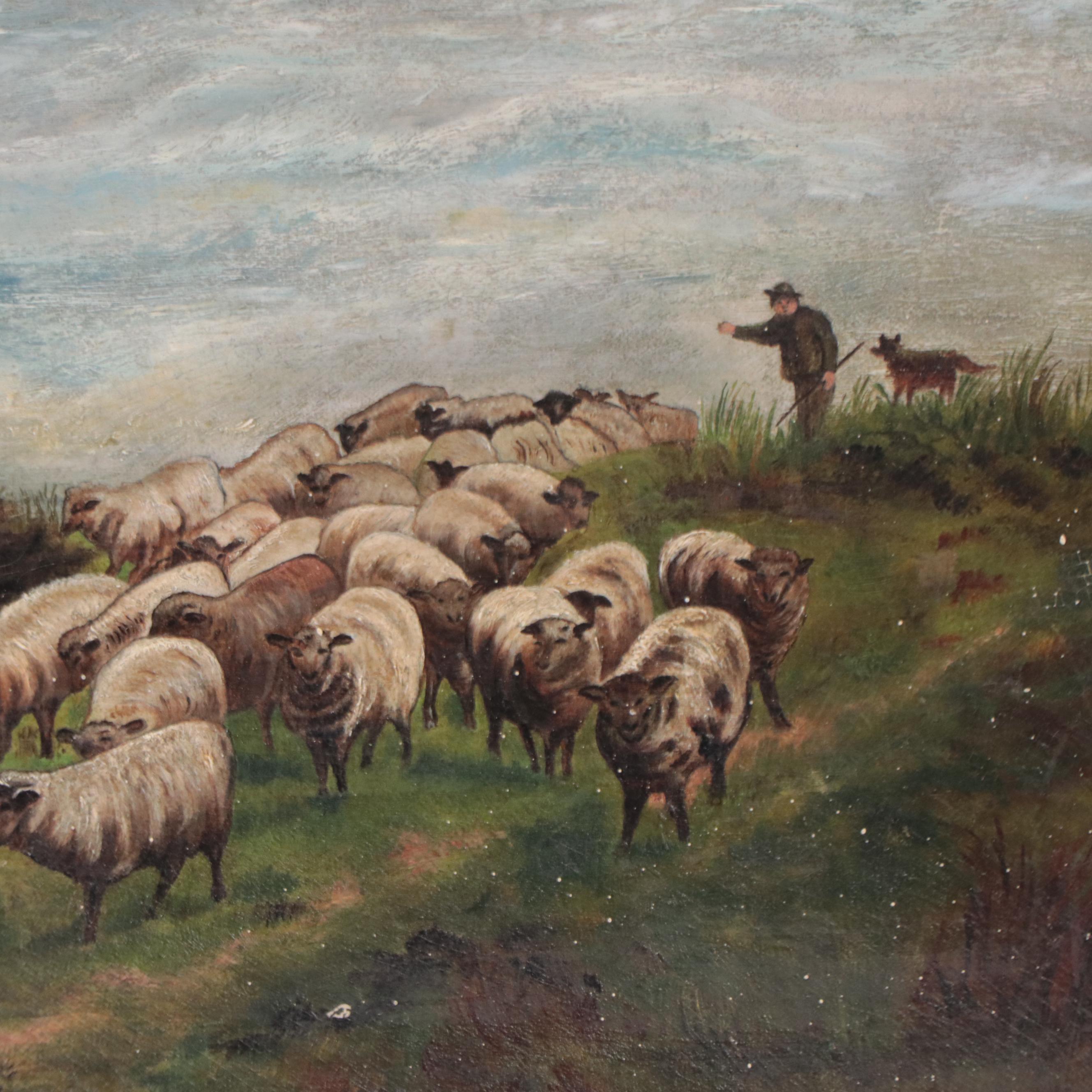 Pastoral Landscape Oil Painting of Shepherd Herding Sheep, Circa 1890