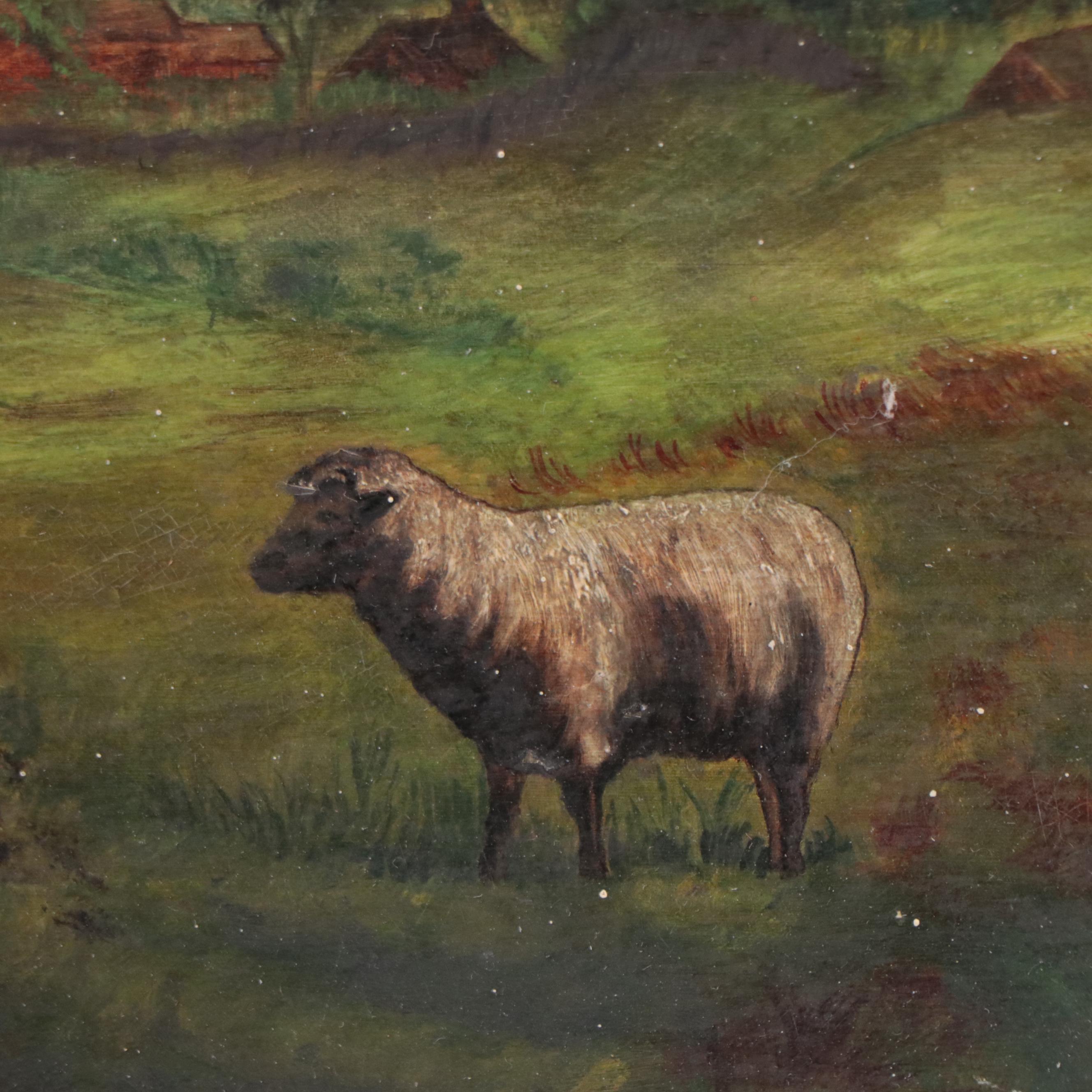Pastoral Landscape Oil Painting of Shepherd Herding Sheep, Circa 1890