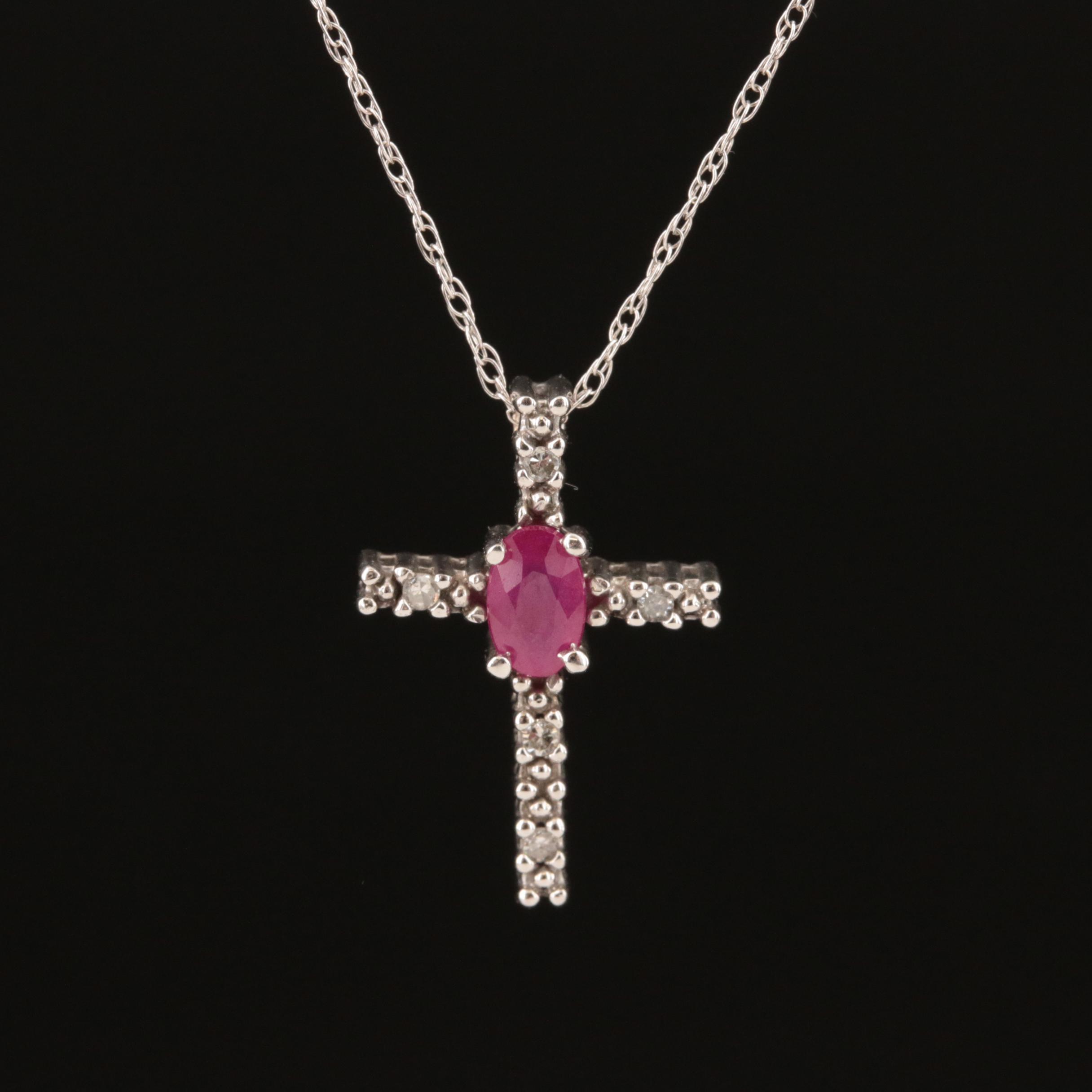 10K Ruby and Diamond Cross Pendant Necklace