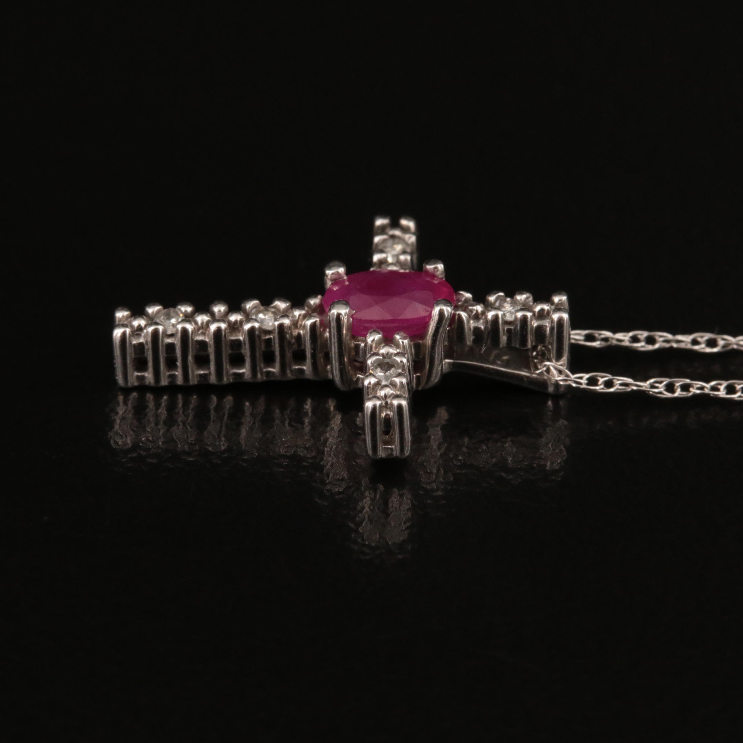 10K Ruby and Diamond Cross Pendant Necklace