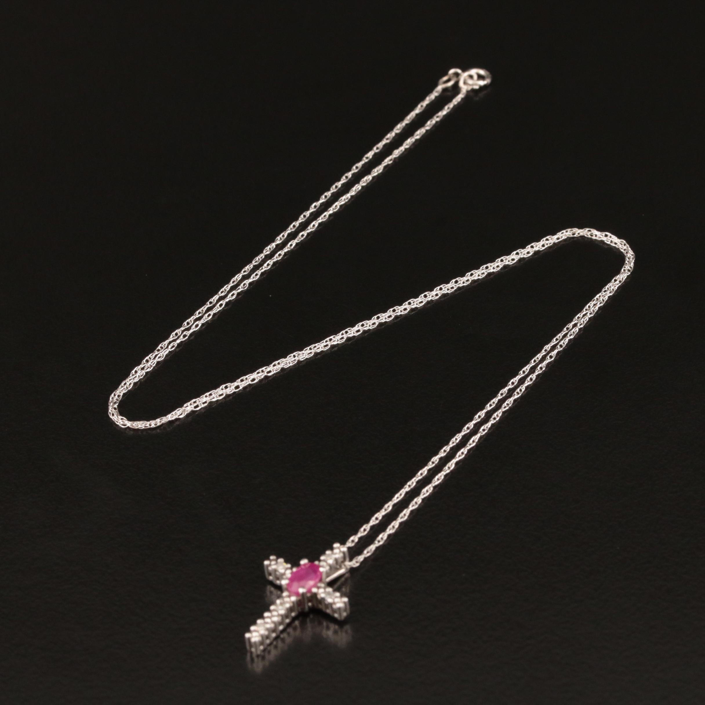 10K Ruby and Diamond Cross Pendant Necklace