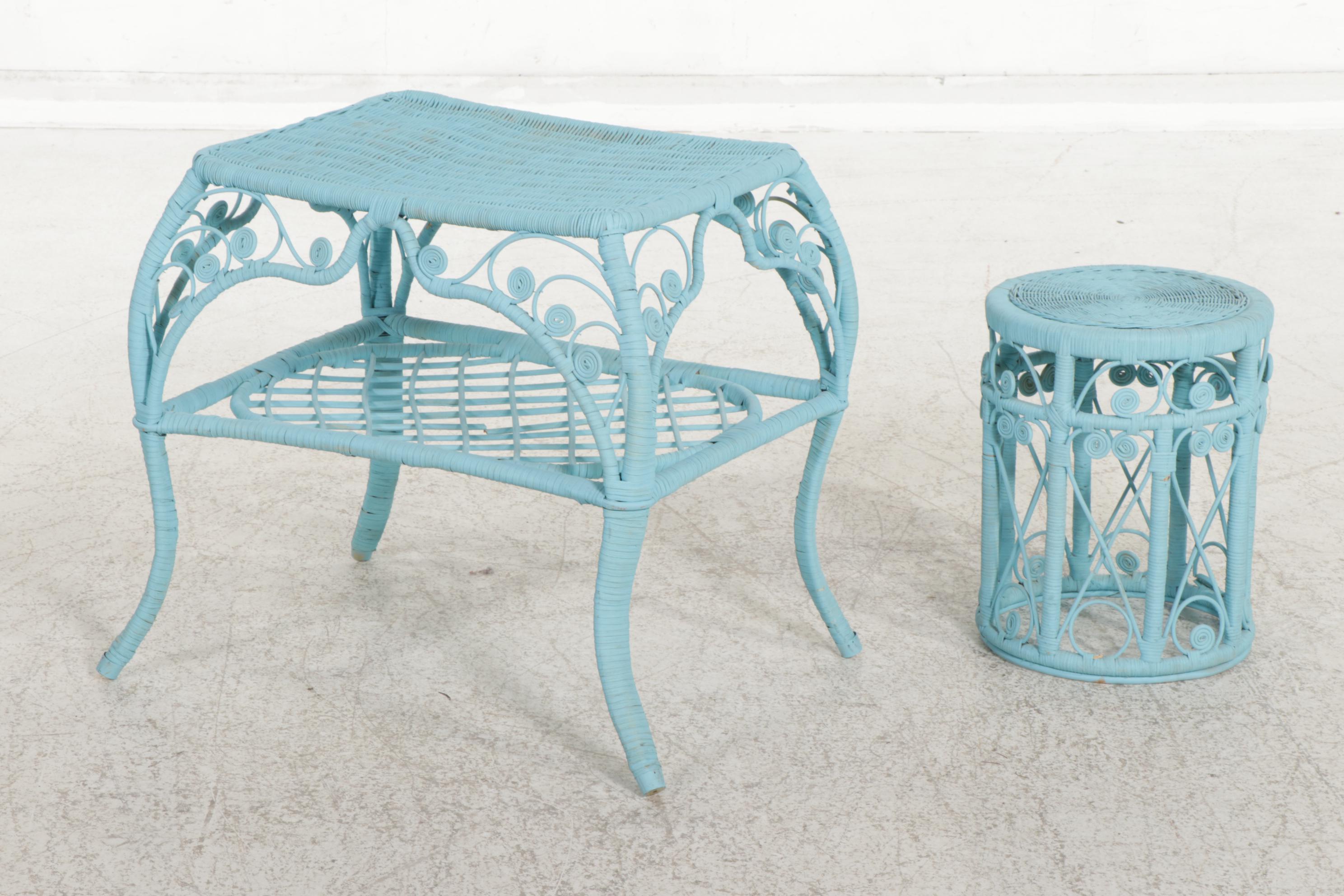 Blue-Painted Scrolled Rattan Four-Piece Patio Set, 20th Century