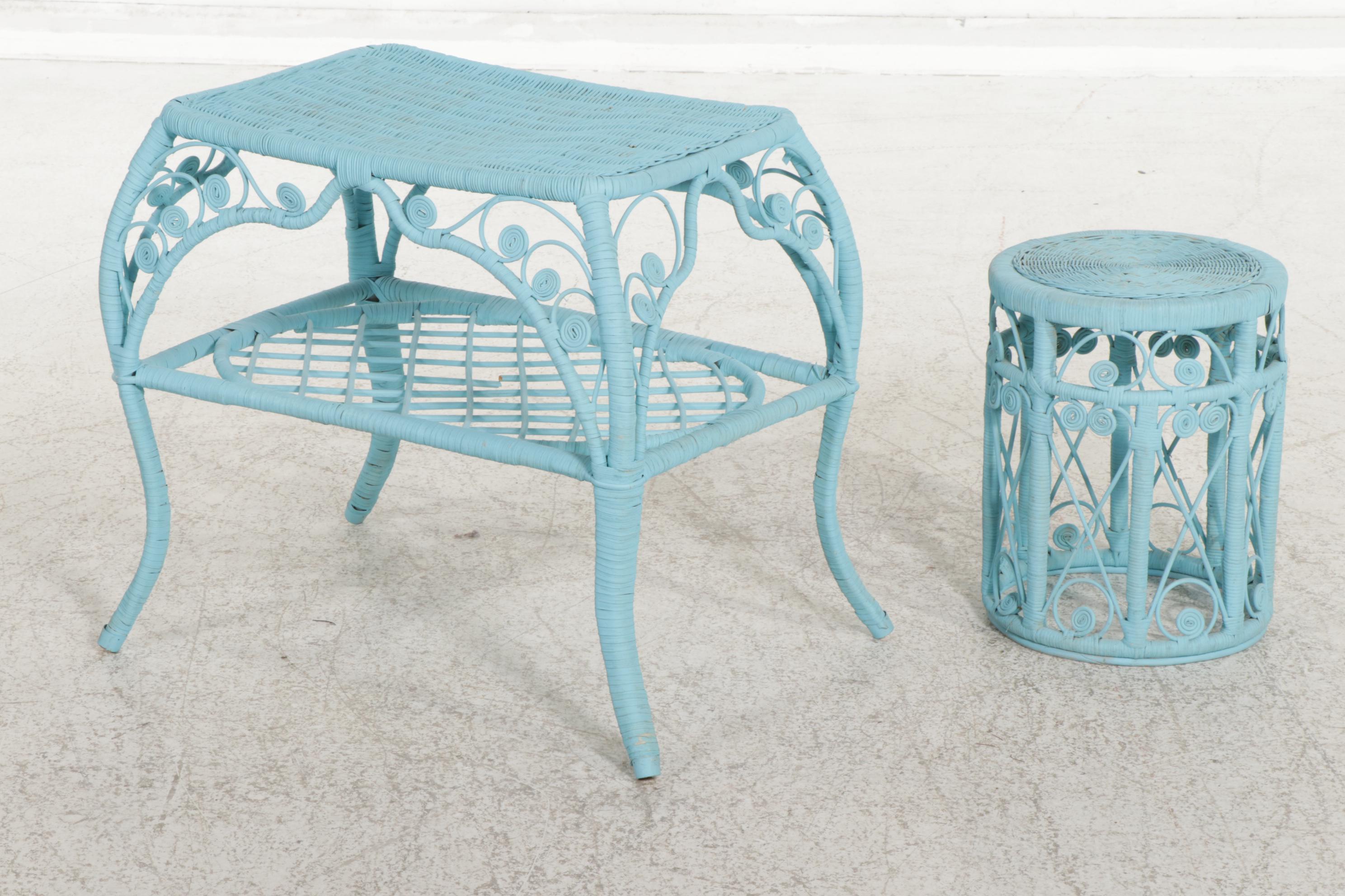 Blue-Painted Scrolled Rattan Four-Piece Patio Set, 20th Century
