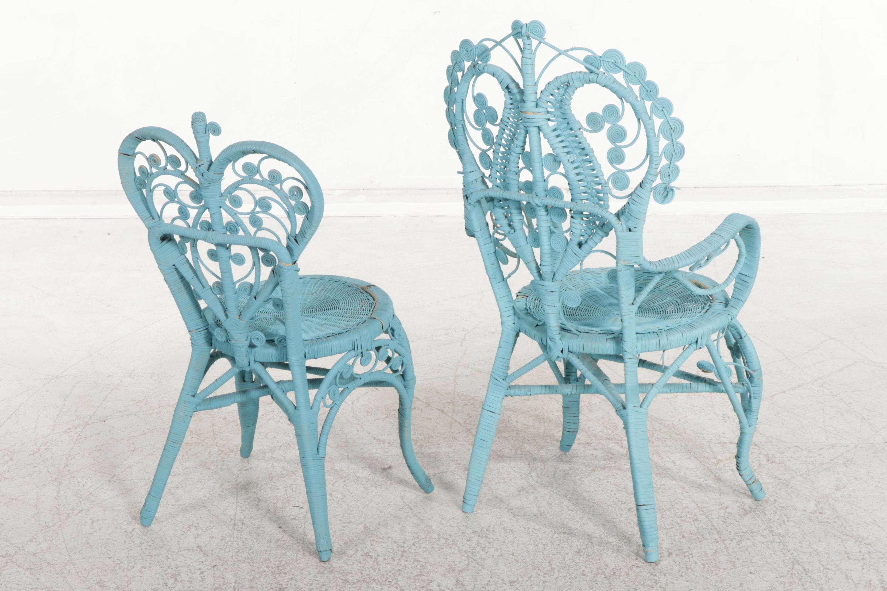 Blue-Painted Scrolled Rattan Four-Piece Patio Set, 20th Century