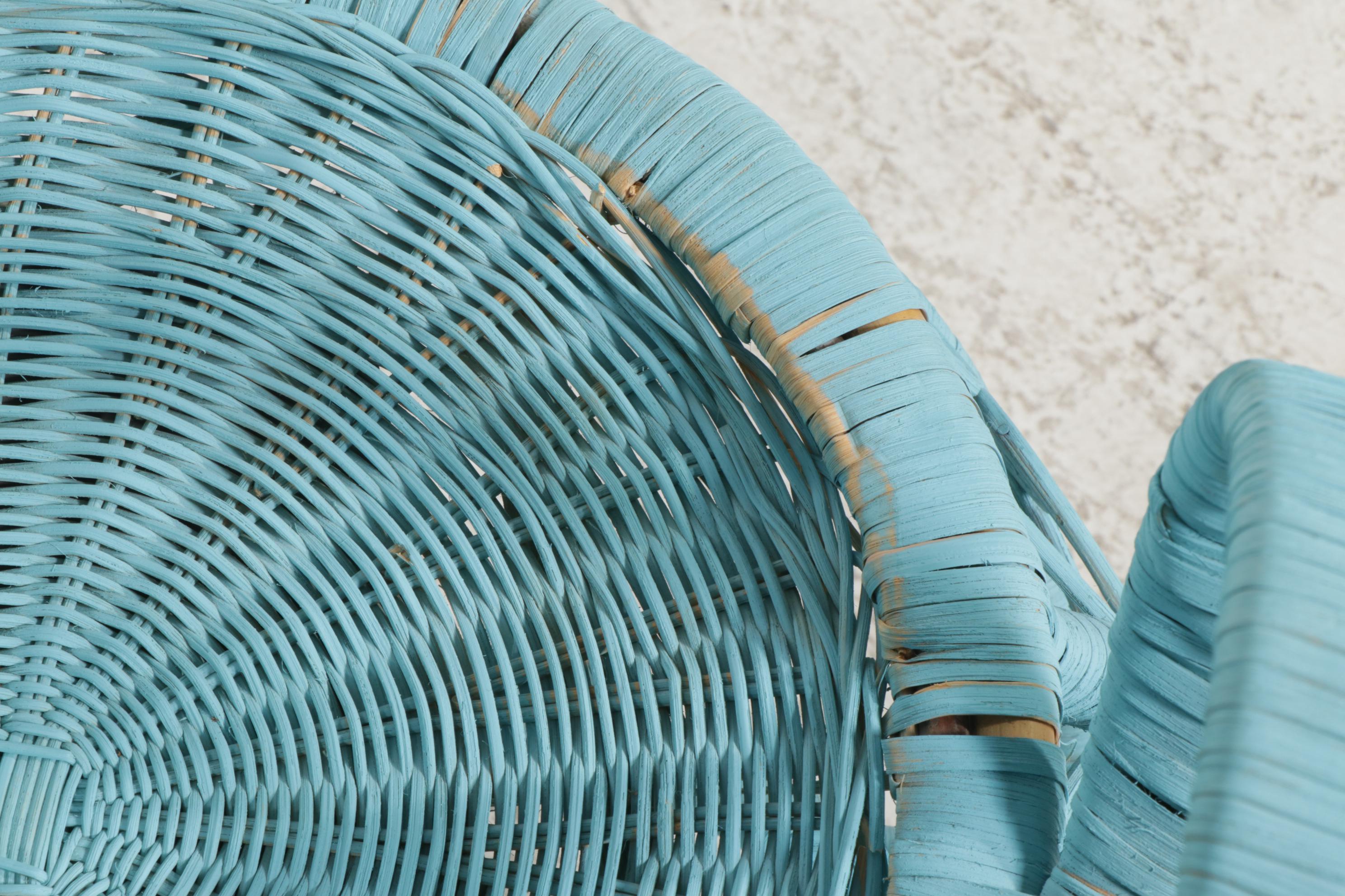 Blue-Painted Scrolled Rattan Four-Piece Patio Set, 20th Century