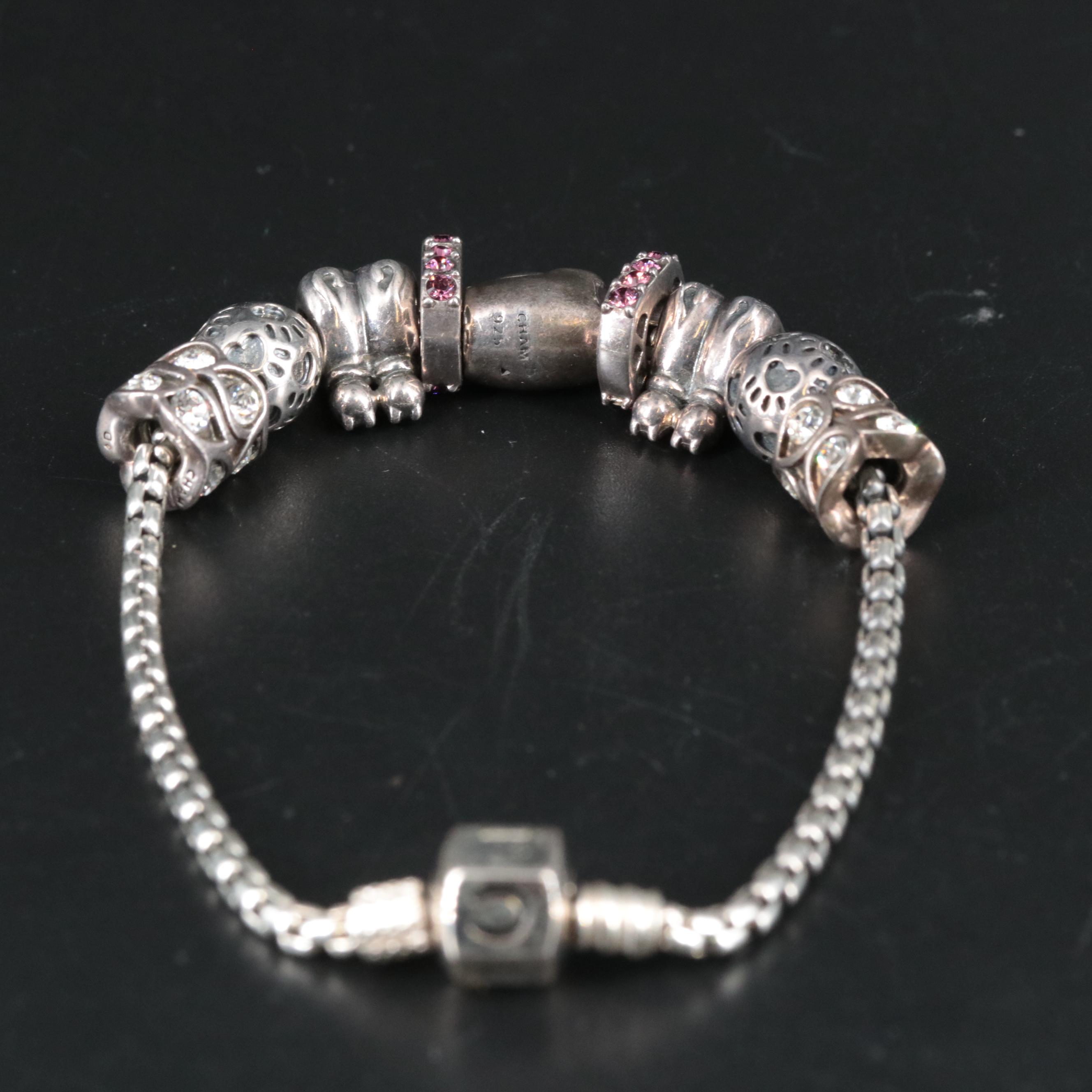 Sterling Bracelet Featuring Cat Themed and Gemstone Charms
