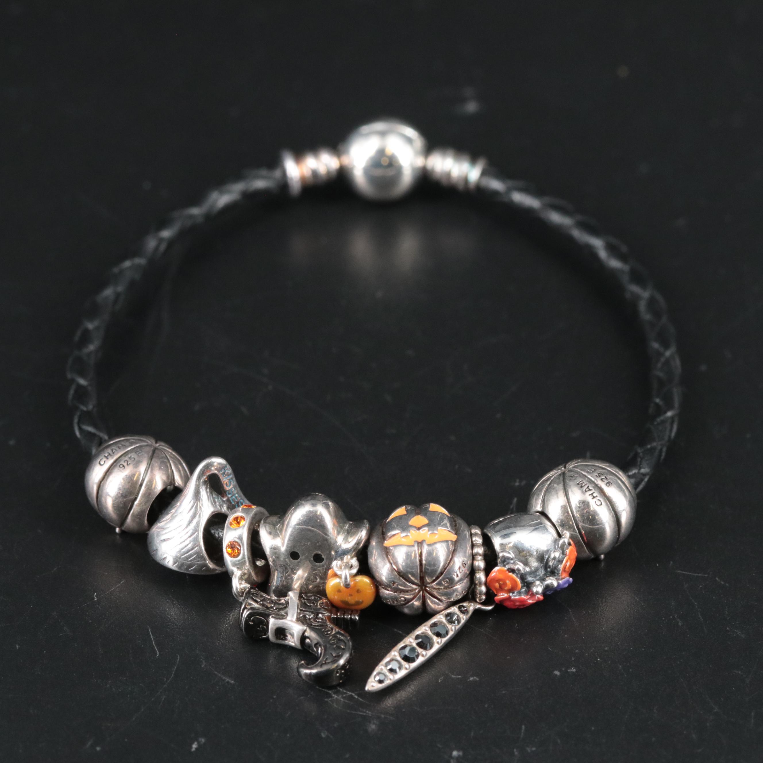 Braided Leather Cord Bracelet Featuring Halloween Themed Sterling Charms