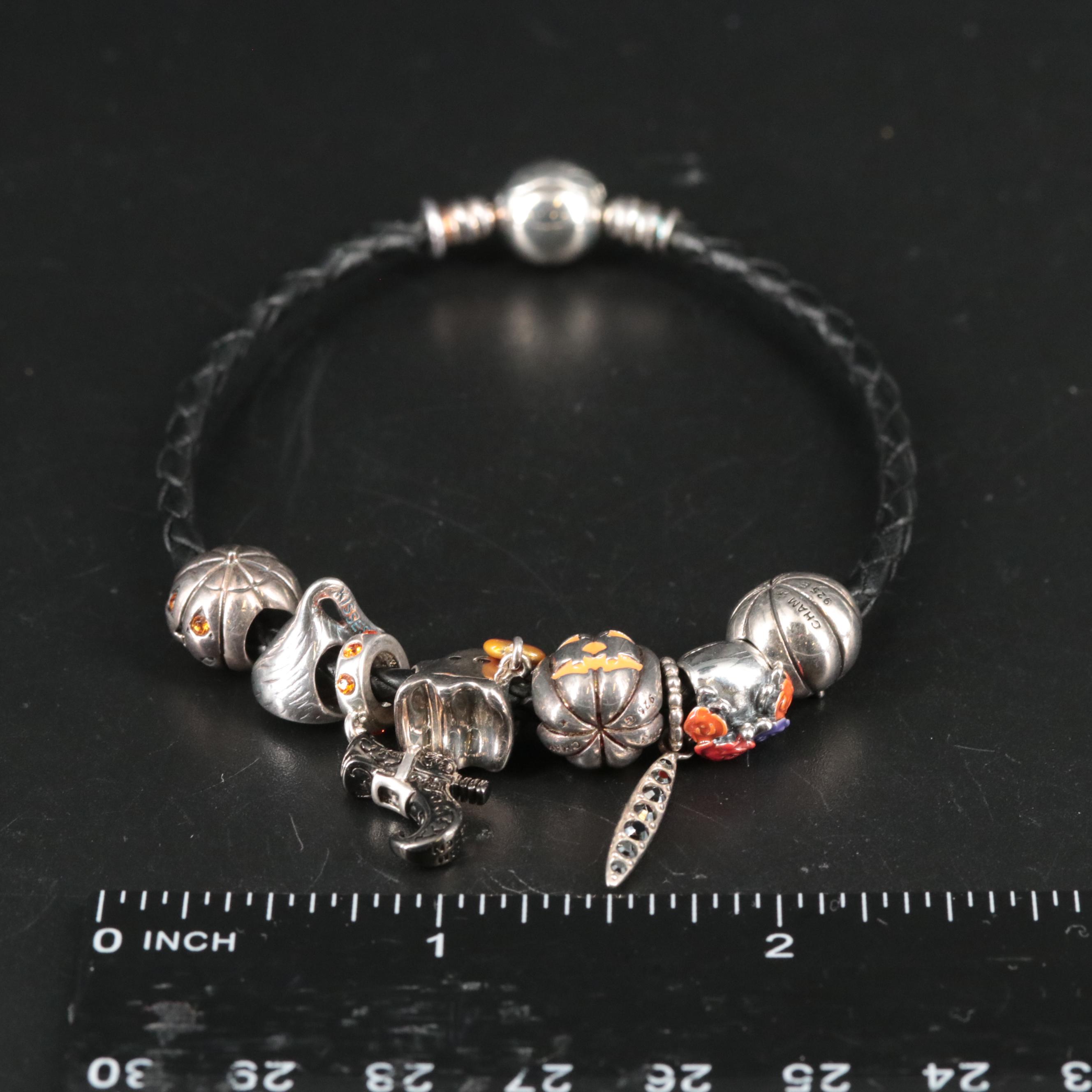 Braided Leather Cord Bracelet Featuring Halloween Themed Sterling Charms