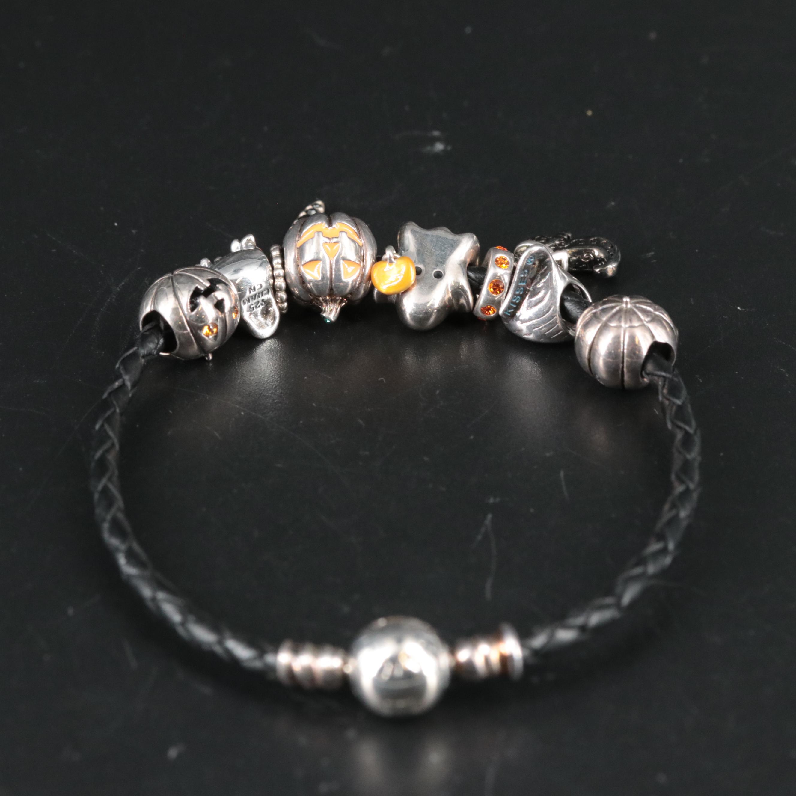 Braided Leather Cord Bracelet Featuring Halloween Themed Sterling Charms