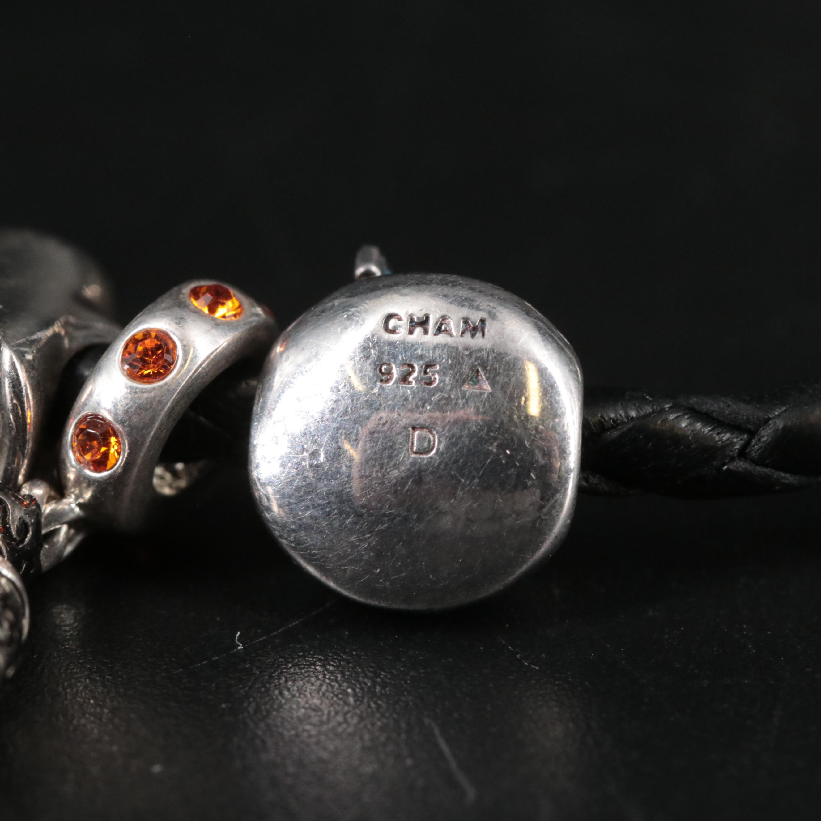 Braided Leather Cord Bracelet Featuring Halloween Themed Sterling Charms