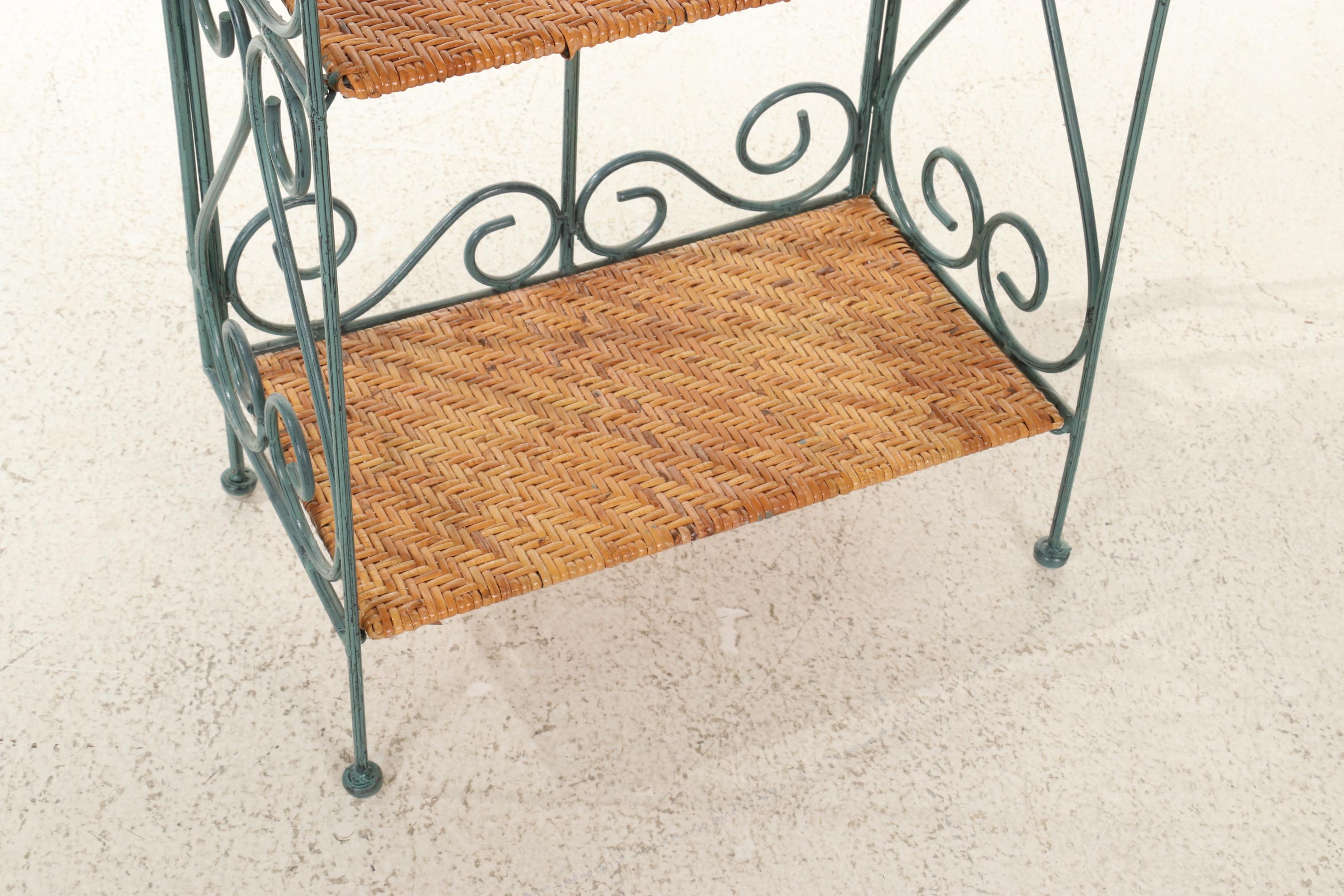 Folding Metal Baker's Rack with Woven Cane Shelves, 21st Century