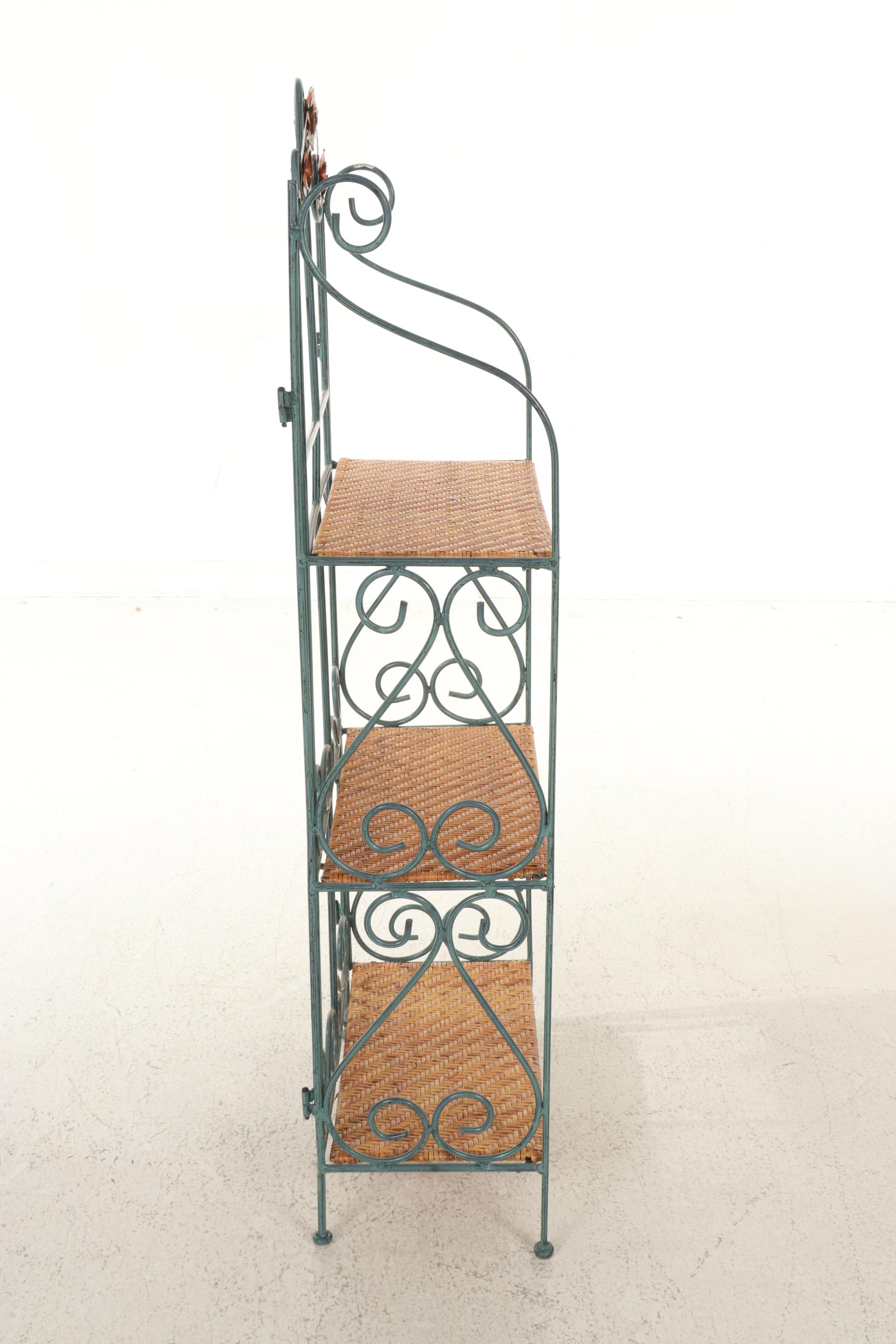 Folding Metal Baker's Rack with Woven Cane Shelves, 21st Century